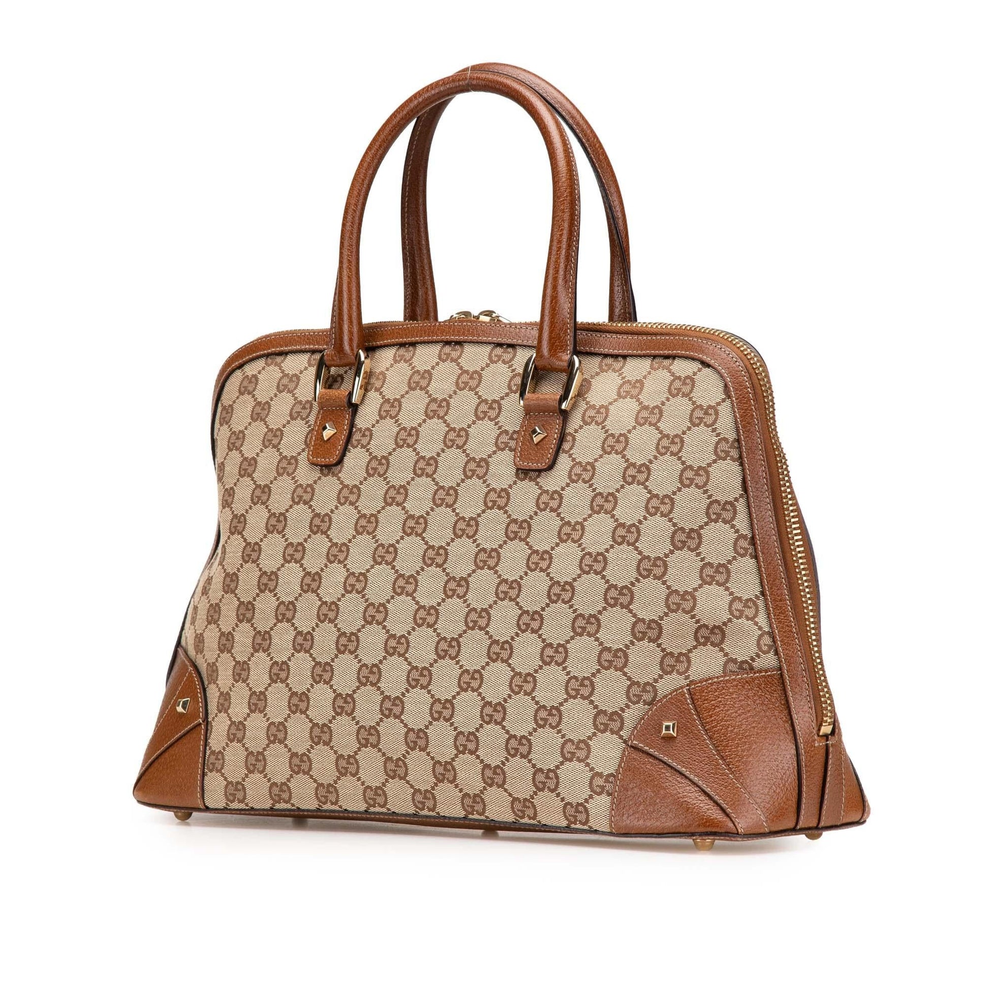 Gucci GG Dome Nailhead Canvas Calf Brown Satchel Bag