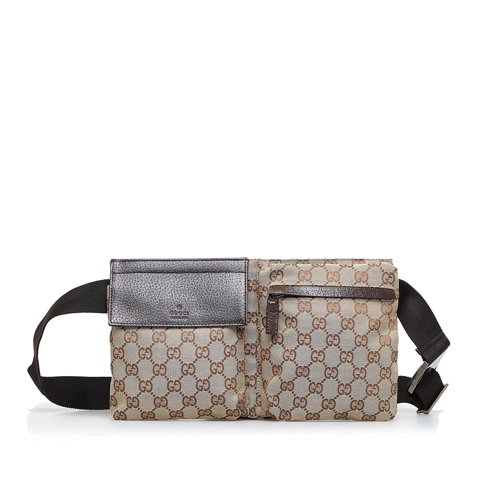 Gucci GG Double Pocket Belt SHG-MsV5eS Canvas Brown Accessory
