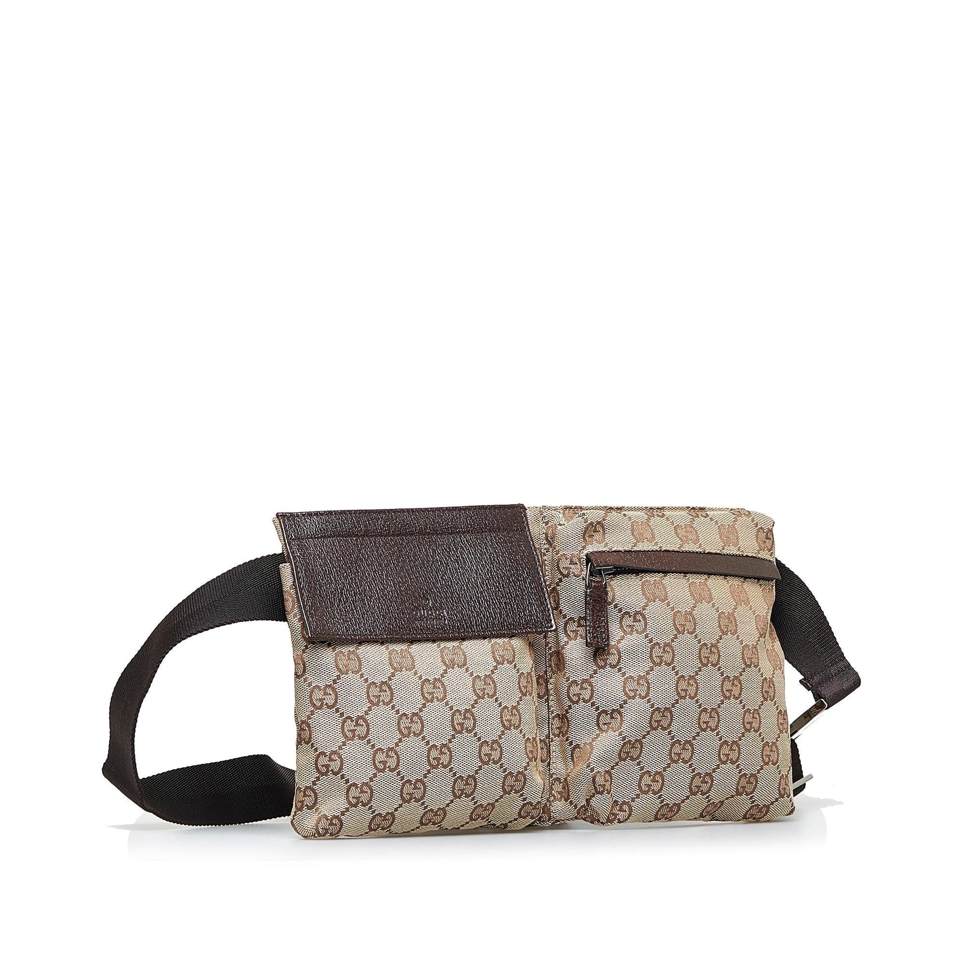 Gucci GG Double Pocket Belt SHG-MsV5eS Canvas Brown Accessory