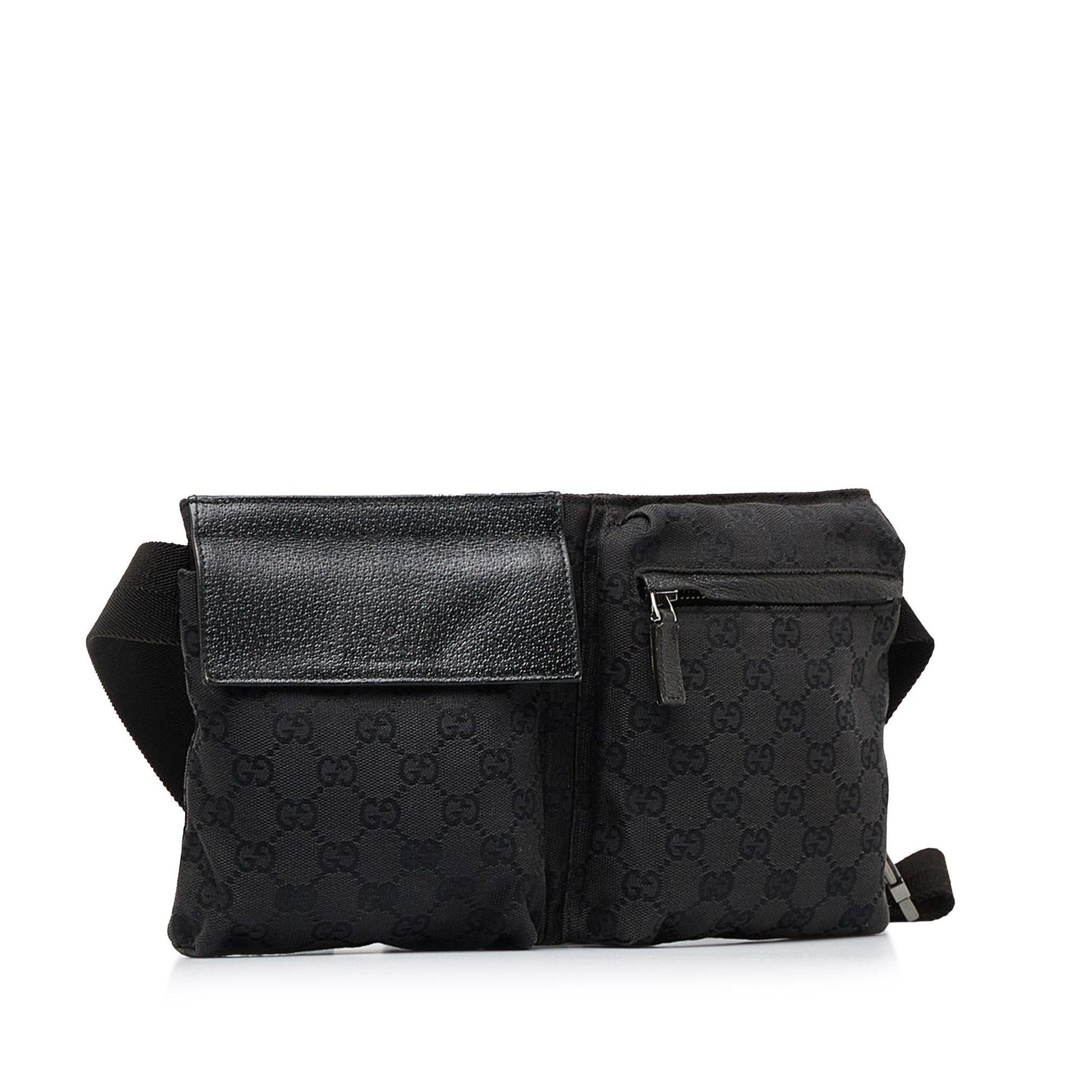 Gucci GG Double Pocket Belt SHG-WS8NBX Canvas Calf Black Accessory