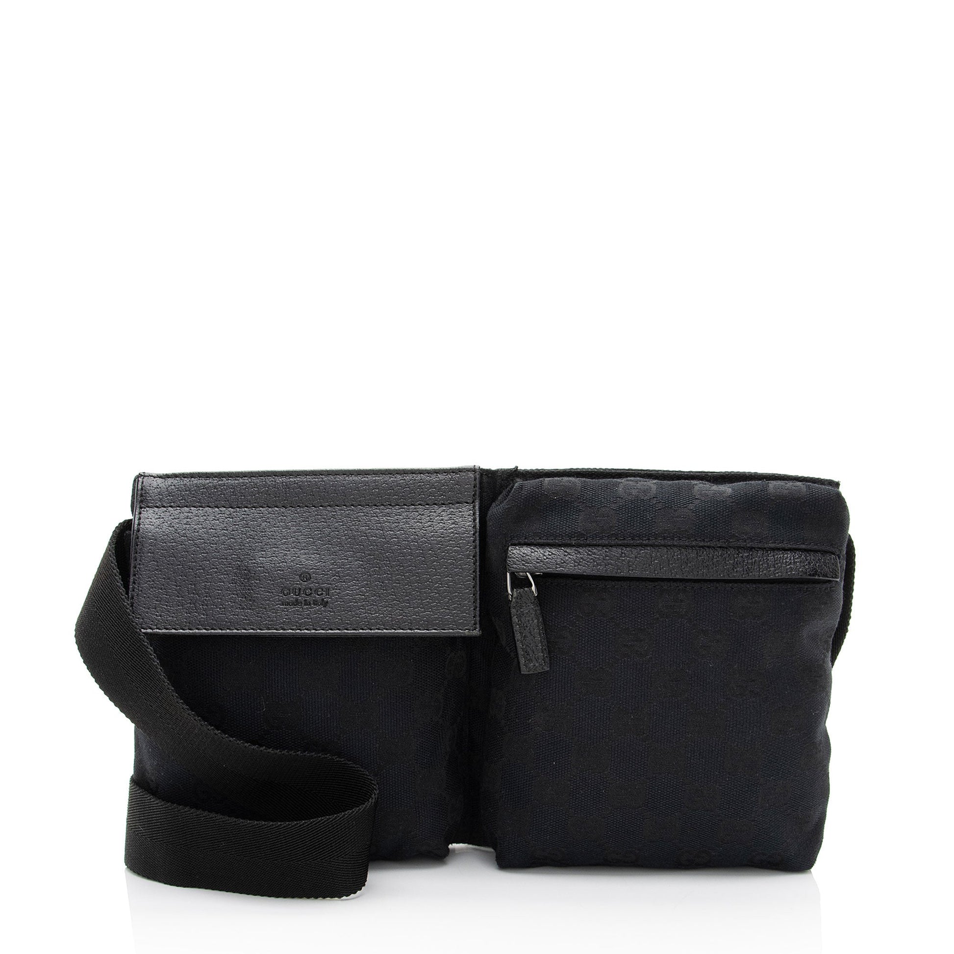 Gucci GG Double Pocket Belt SHF-a1zpfw Leather Canvas Nylon Black Accessory