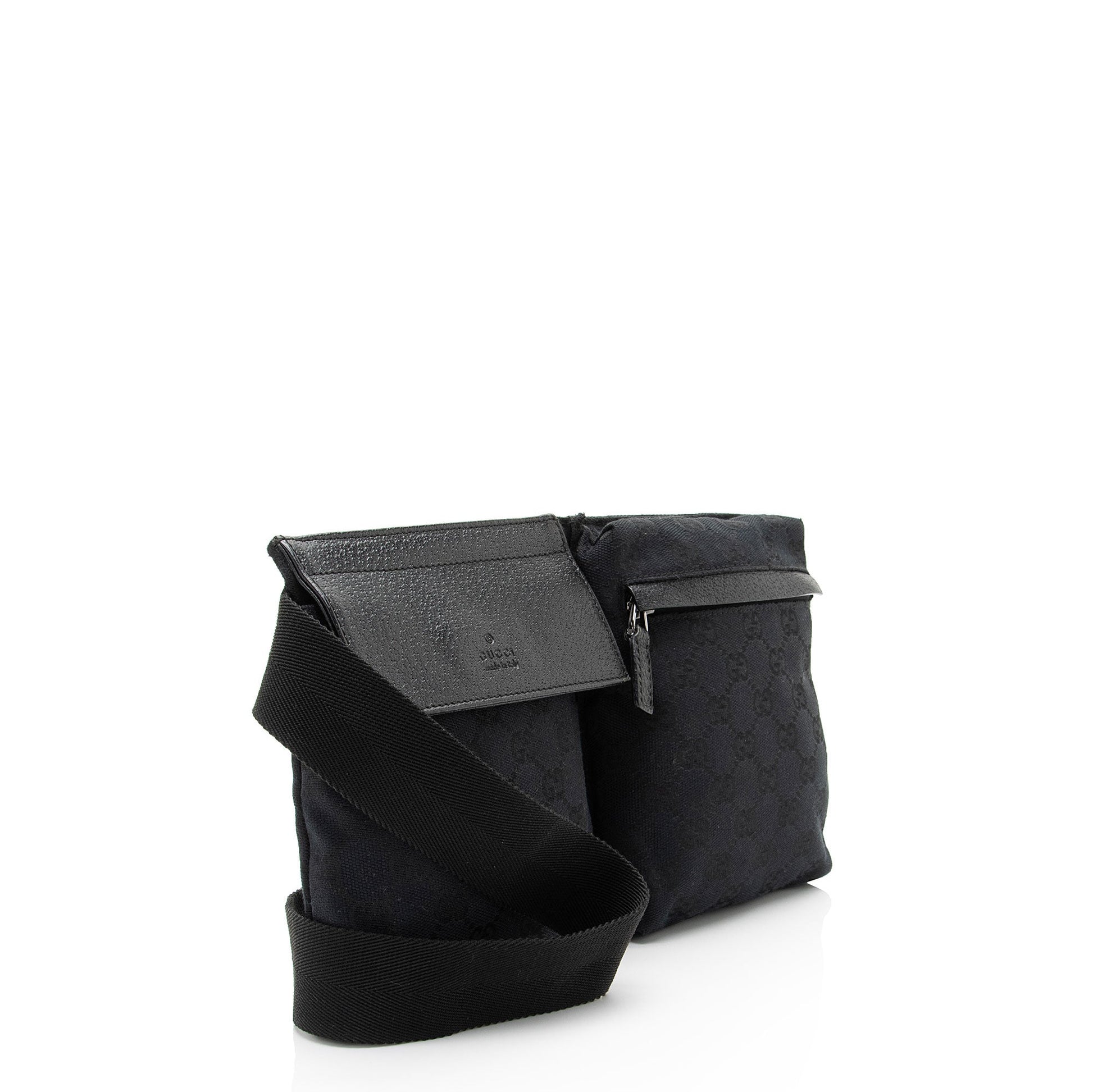Gucci GG Double Pocket Belt SHF-a1zpfw Leather Canvas Nylon Black Accessory