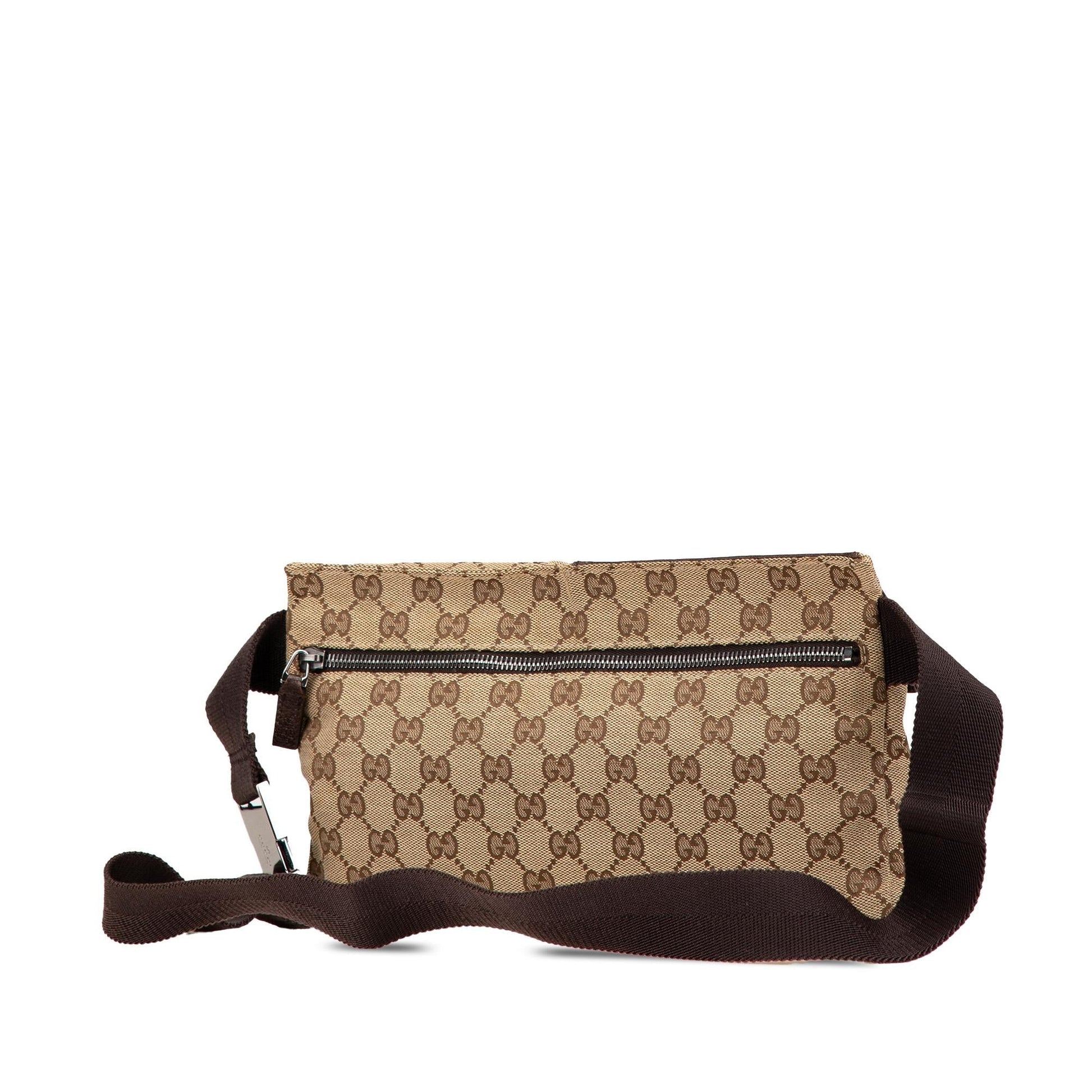 Gucci GG Double Pocket Belt Canvas Calf Brown Accessory Shg O76Tny