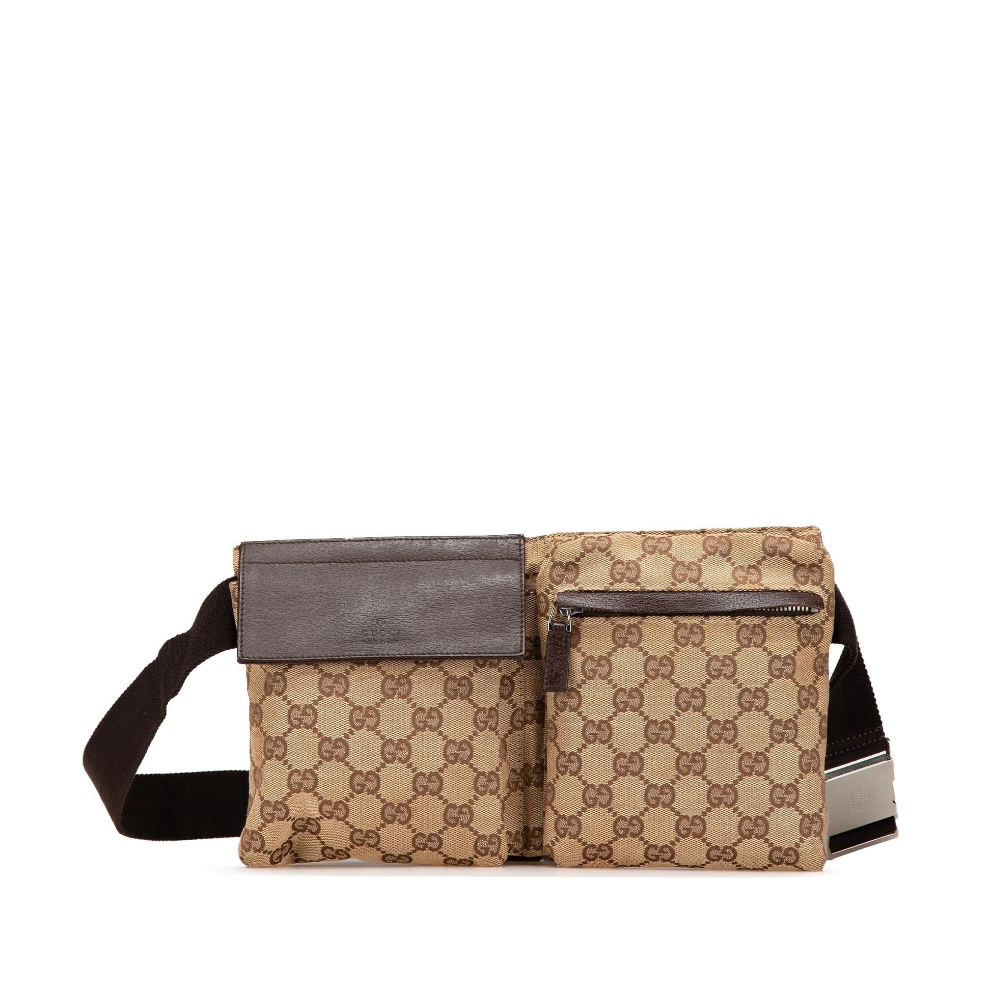 Gucci GG Double Pocket Belt Canvas Calf Brown Accessory Bag 5