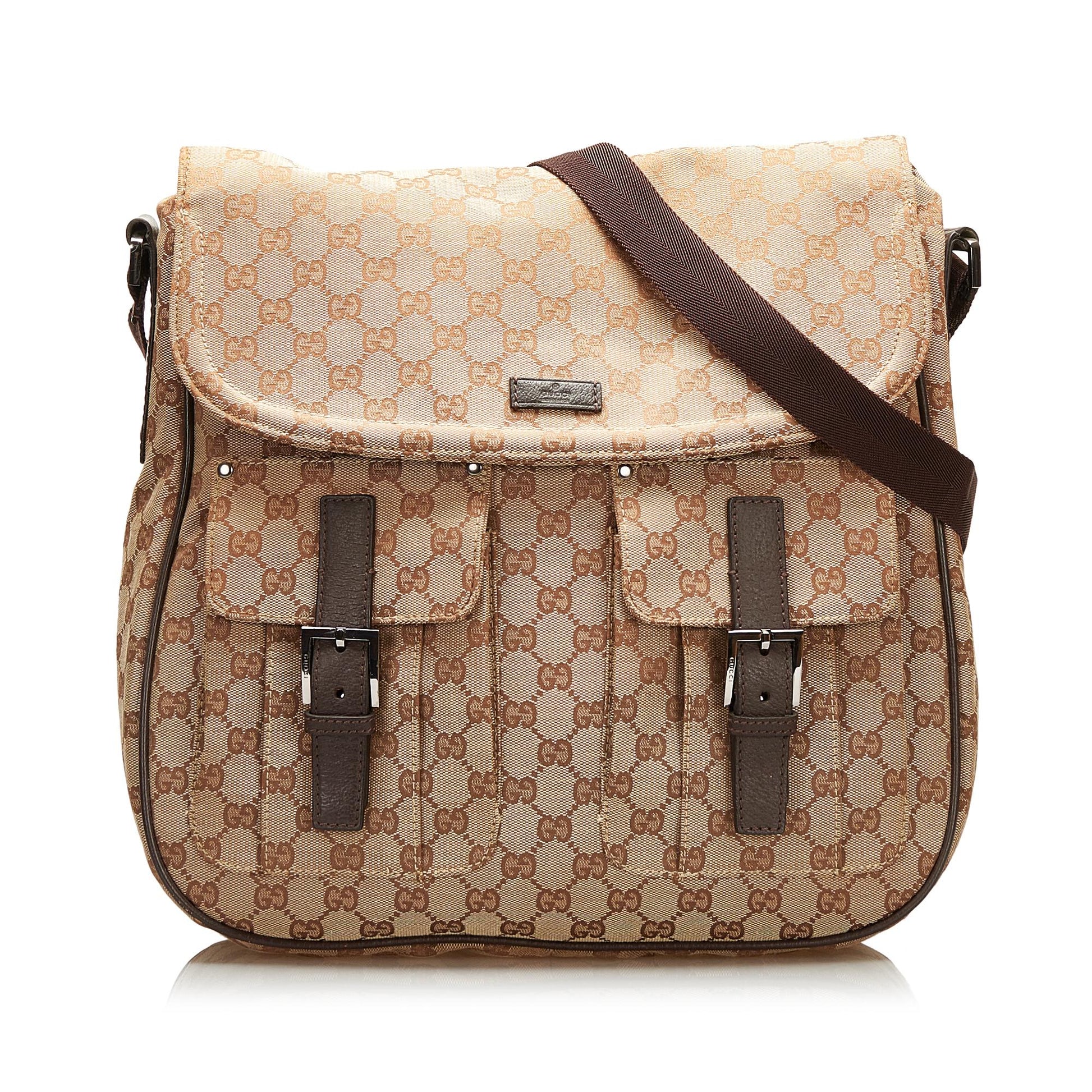 Gucci GG Double Pocket Messenger SHG Canvas Brown Flap Crossbody Bag
