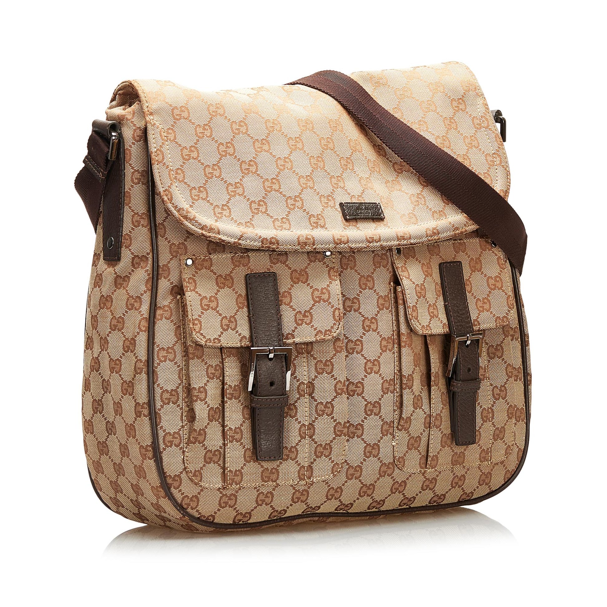 Gucci GG Double Pocket Messenger SHG Canvas Brown Flap Crossbody Bag
