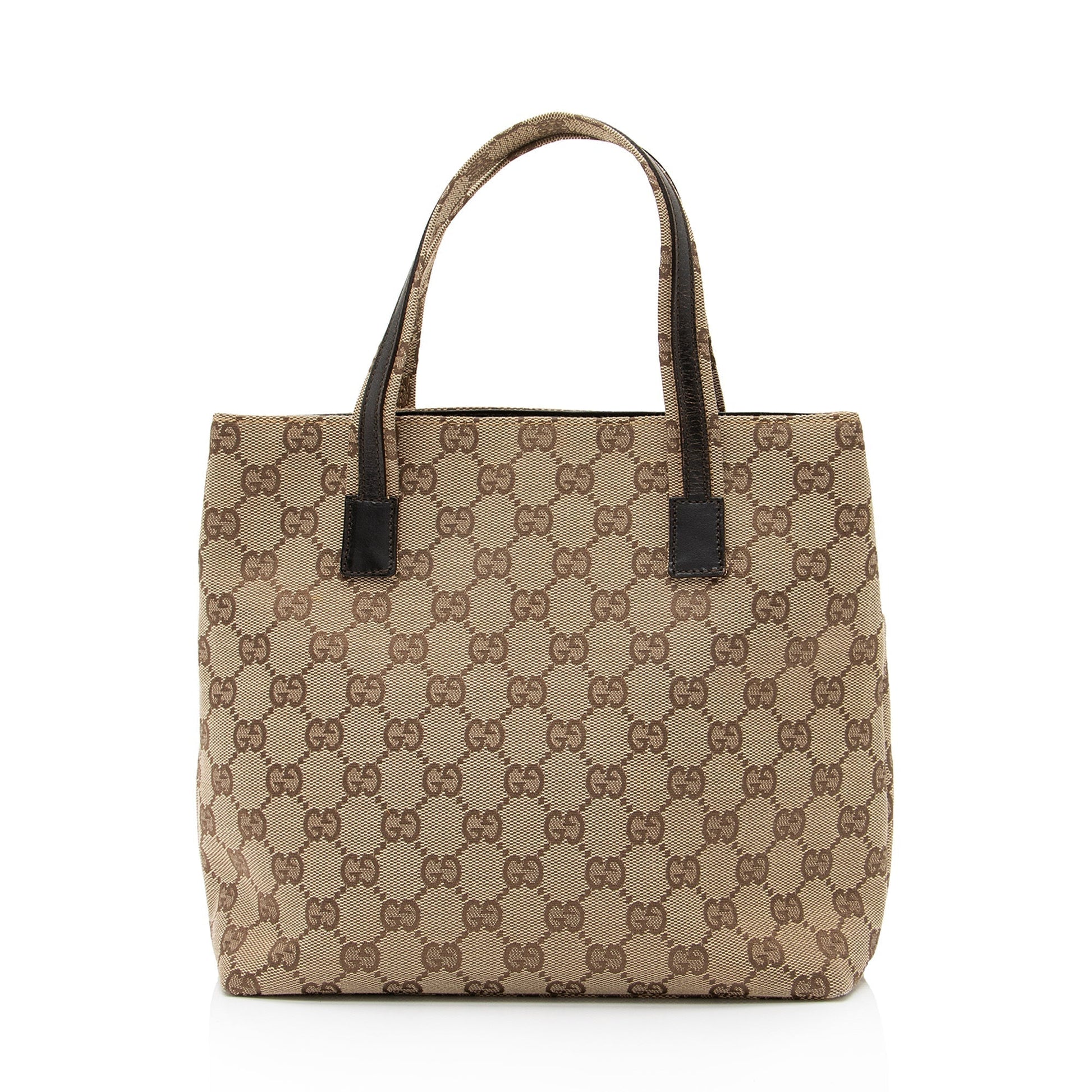 Gucci GG Double Pocket SHF Leather Canvas Brown Beige Tote Bag