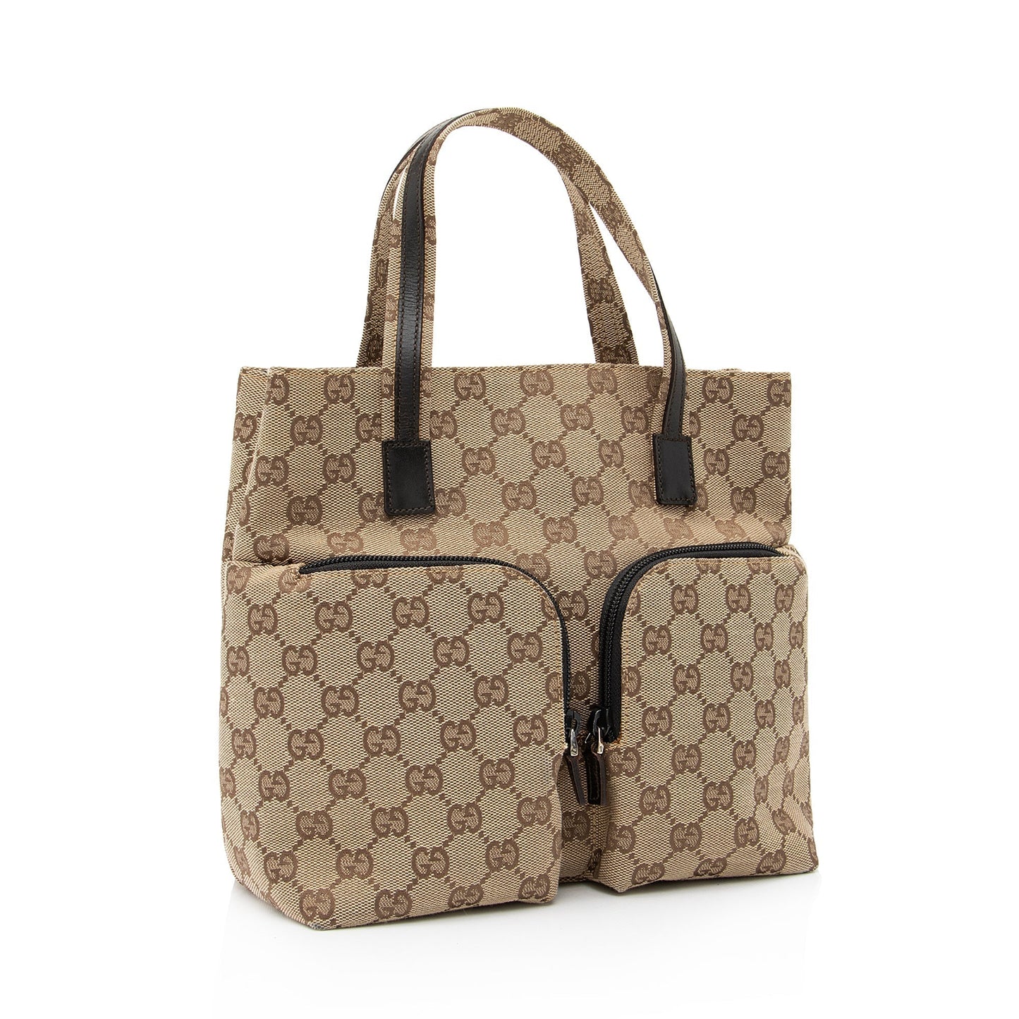 Gucci GG Double Pocket SHF Leather Canvas Brown Beige Tote Bag