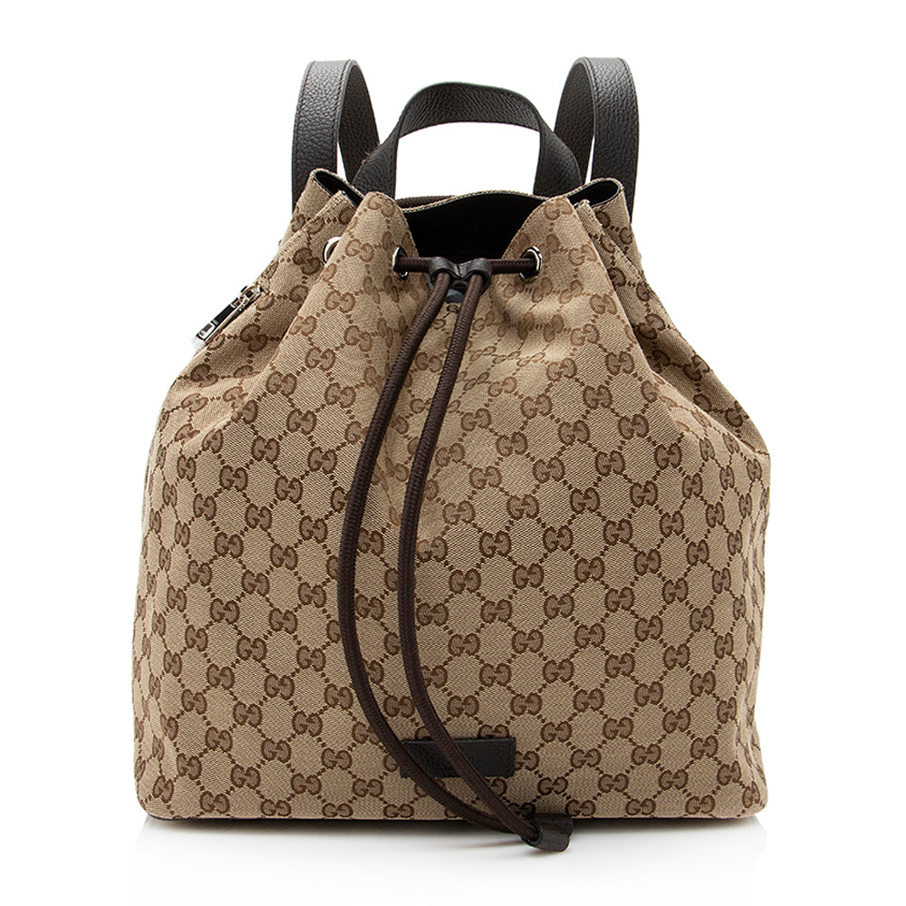 Gucci GG Drawstring Backpack SHF Leather Canvas Beige Jewelry