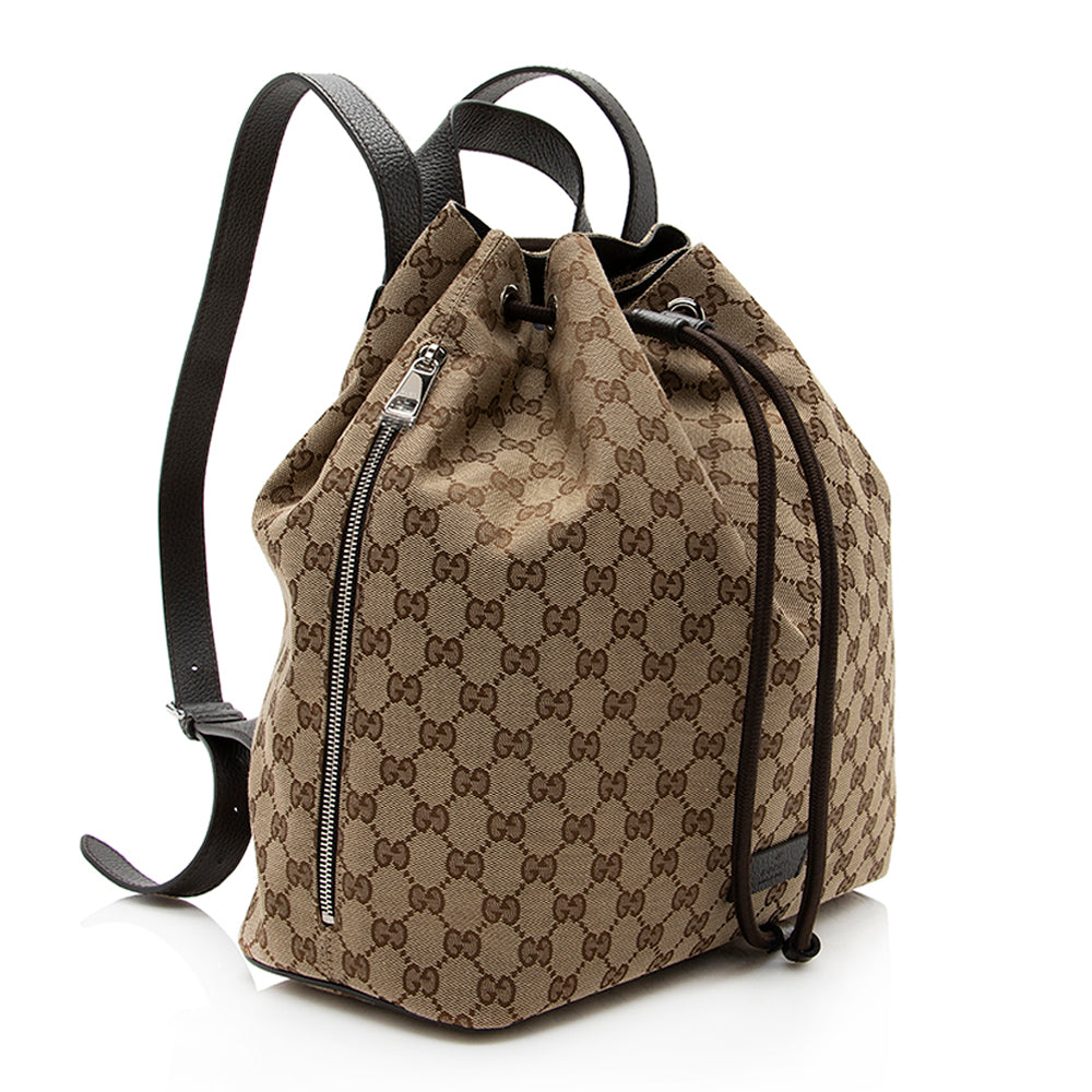 Gucci GG Drawstring Backpack SHF Leather Canvas Beige Jewelry