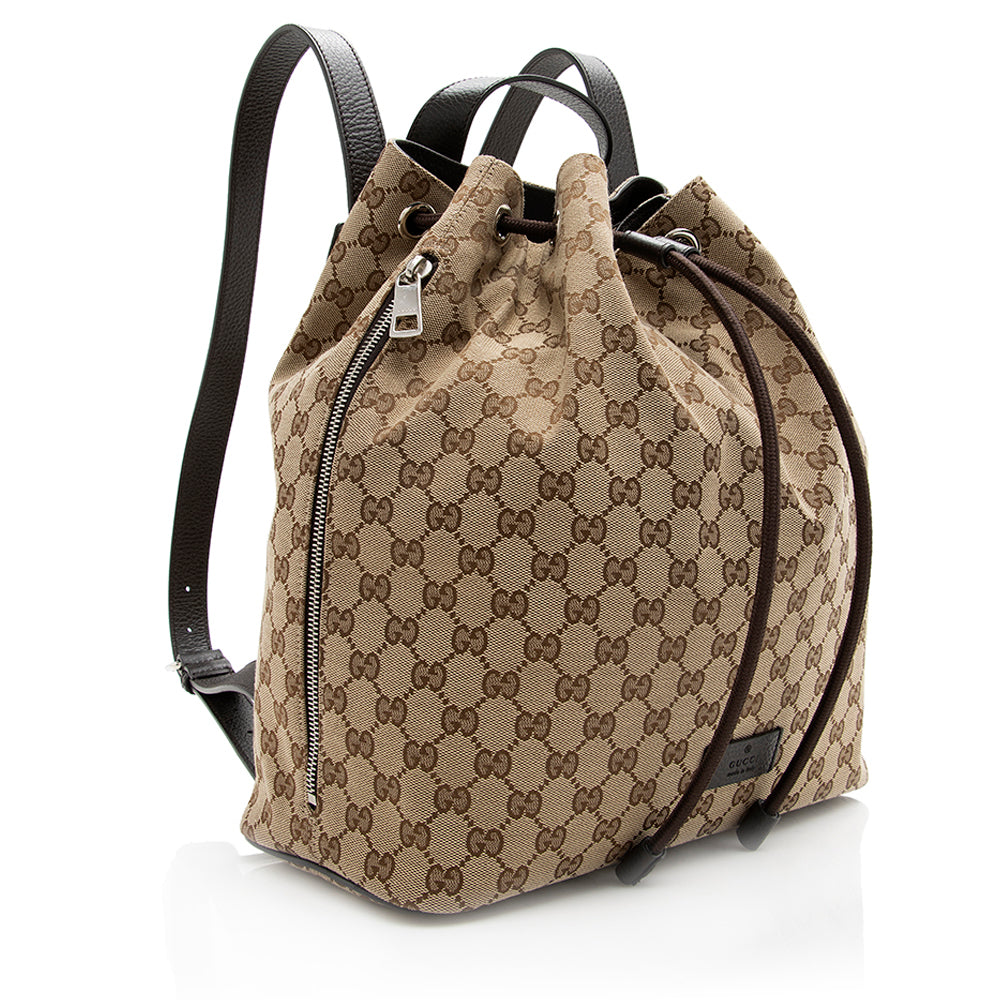 Gucci GG Drawstring Backpack SHF Leather Canvas Brown Beige Jewelry Backpack Shf