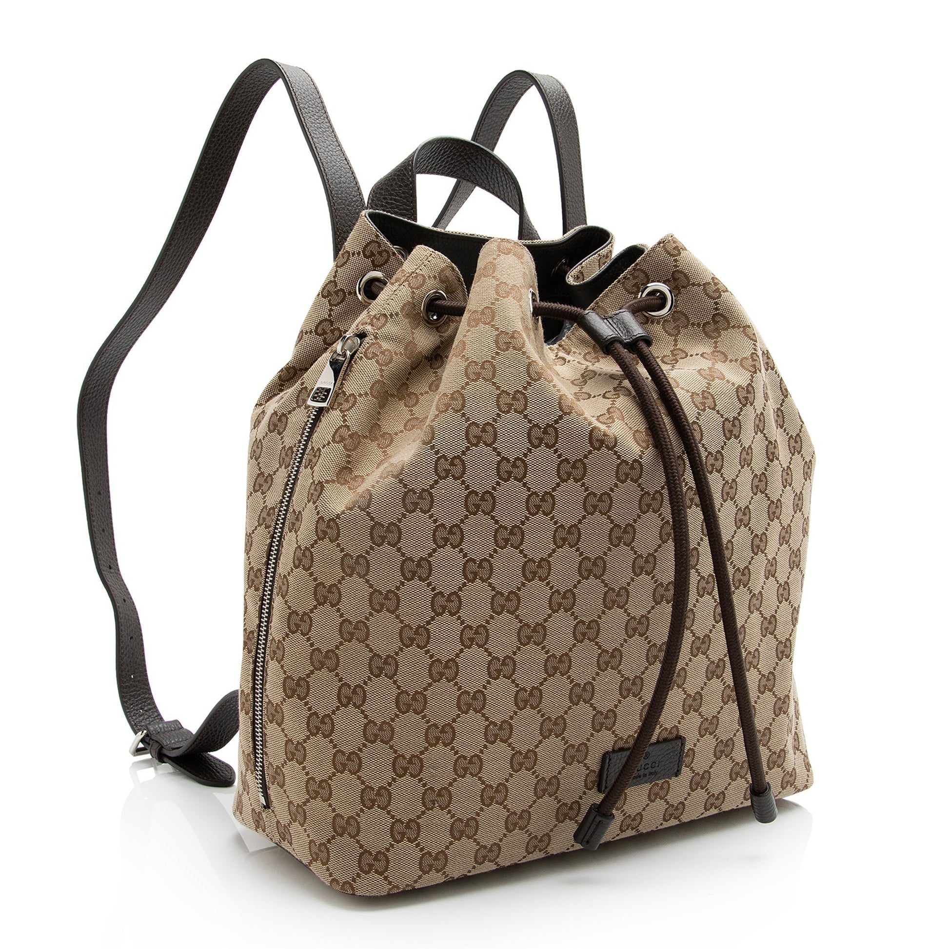 Gucci GG Drawstring Backpack SHF Leather Canvas Brown Beige Jewelry