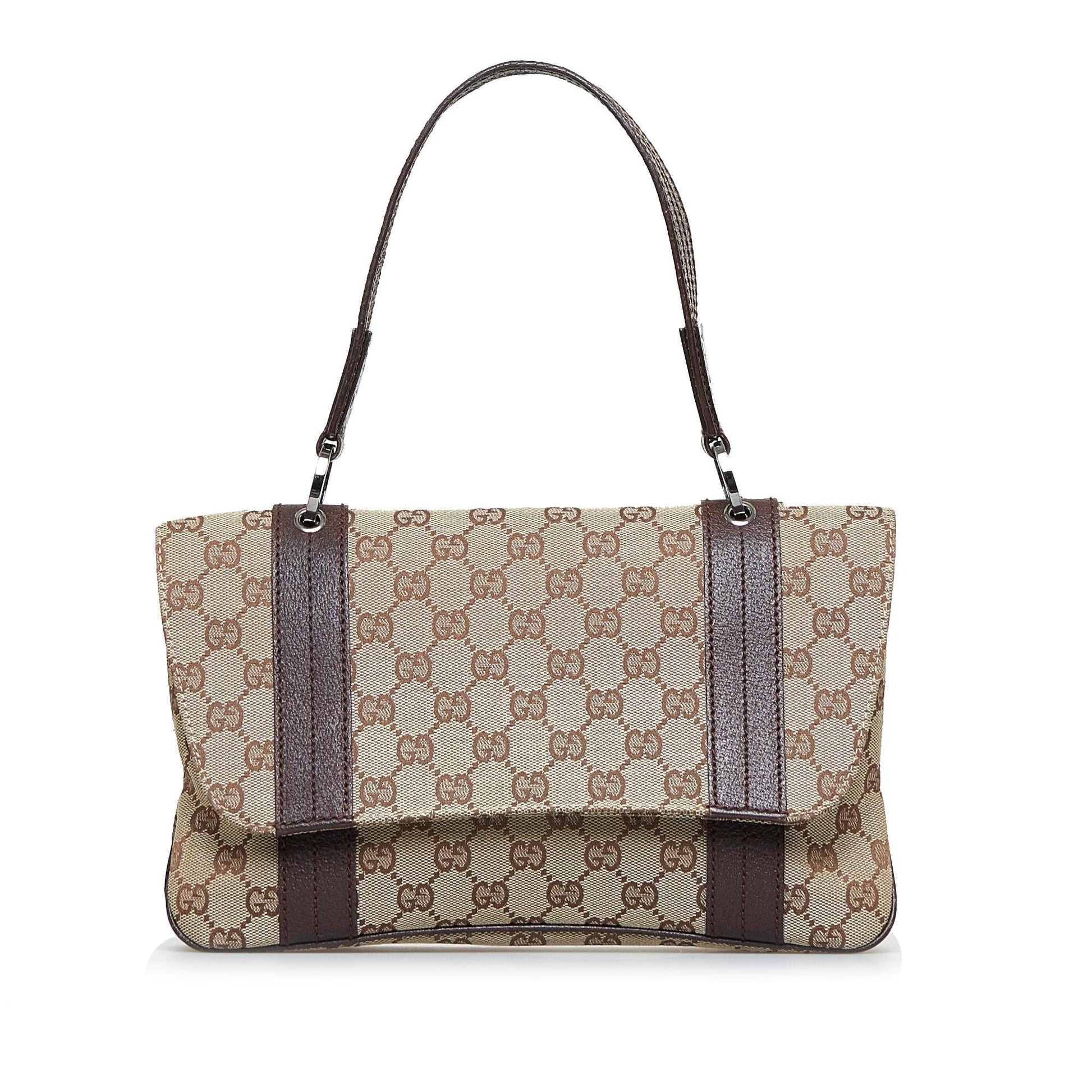 Gucci GG SHG-wwcrBP Canvas Calf Brown Flap Satchel Bag