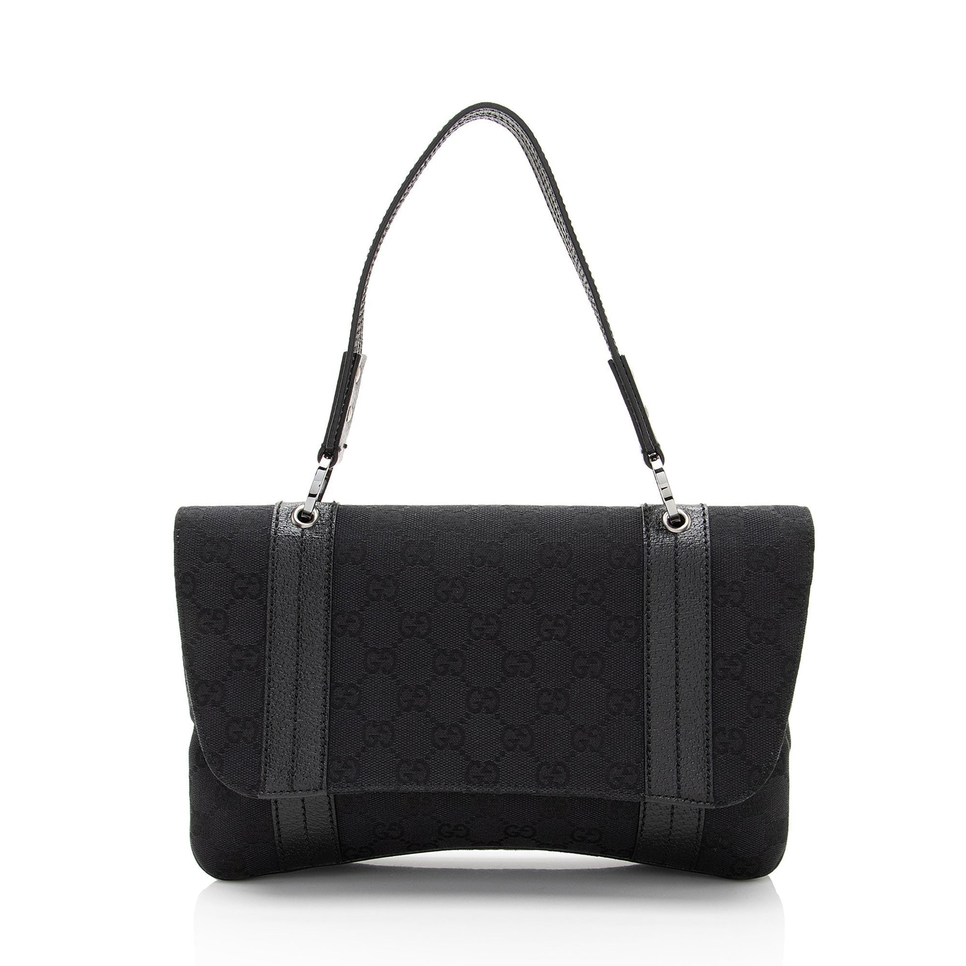 Gucci GG Top Handle Leather Canvas Black Flap Satchel Bag