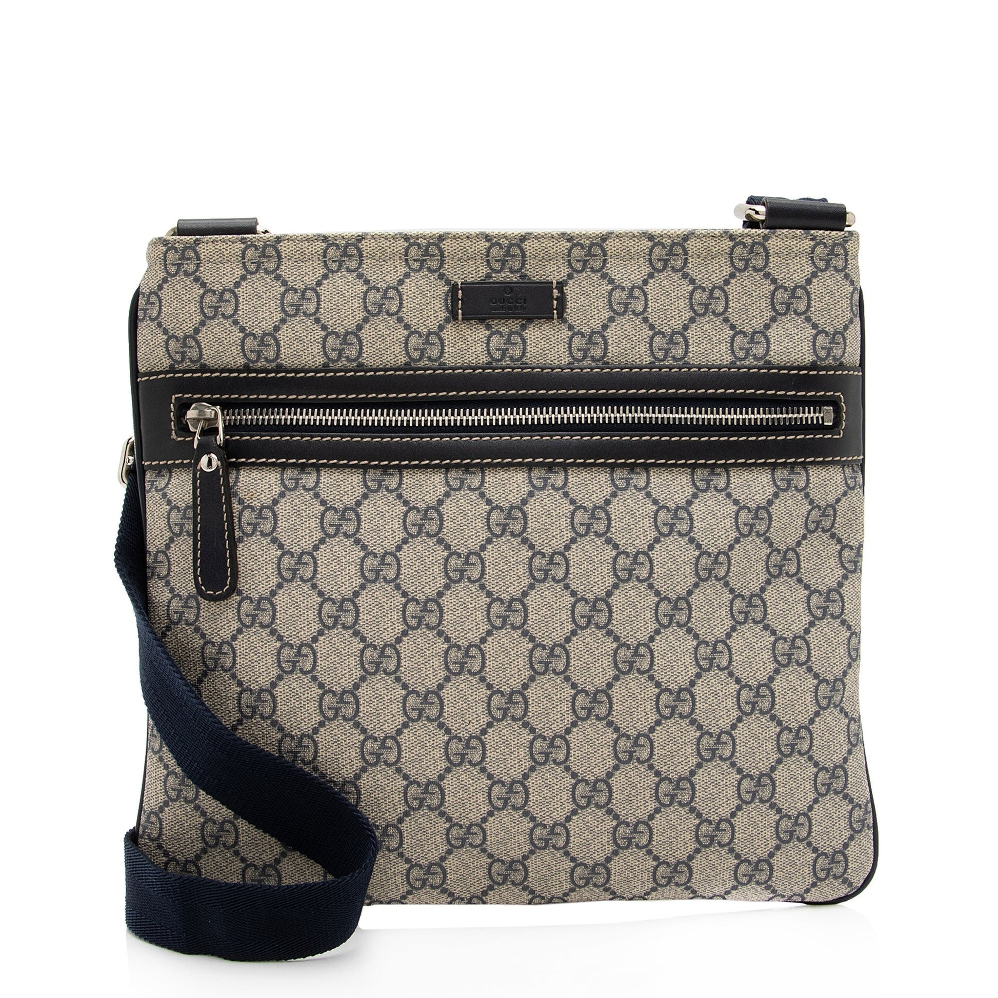 Gucci GG Flat Messenger SHF-KV7N6r Leather Canvas Nylon Blue Shoes