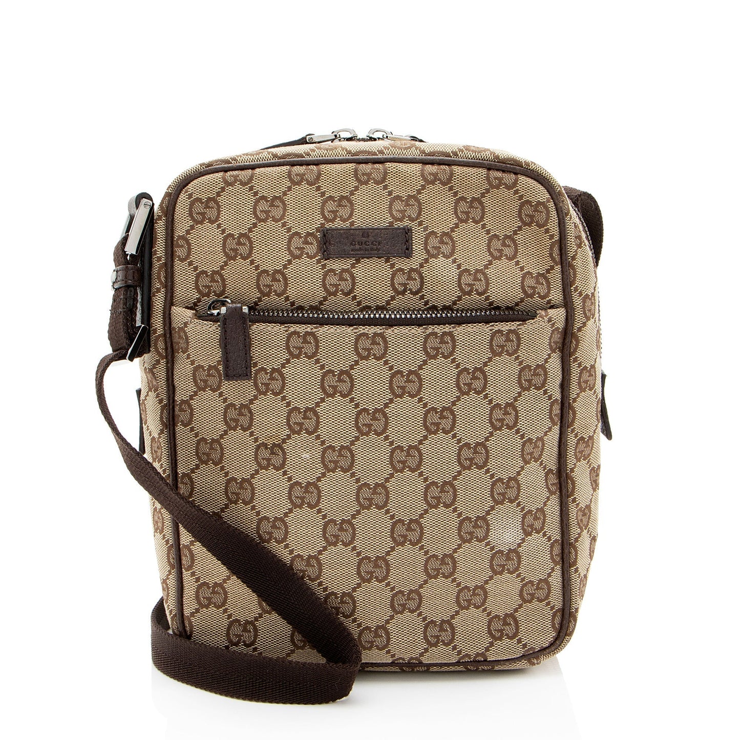 Gucci GG Flight Leather Canvas Brown Crossbody Bag