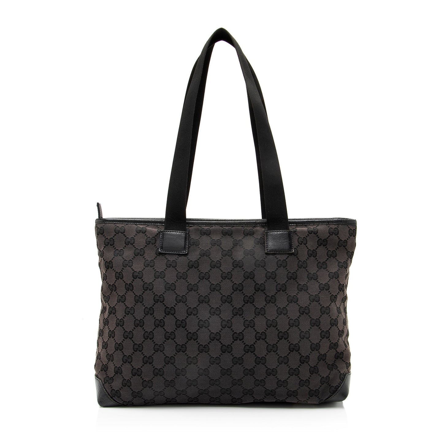 Gucci GG Front Pocket E W Leather Canvas Nylon Black Tote Bag