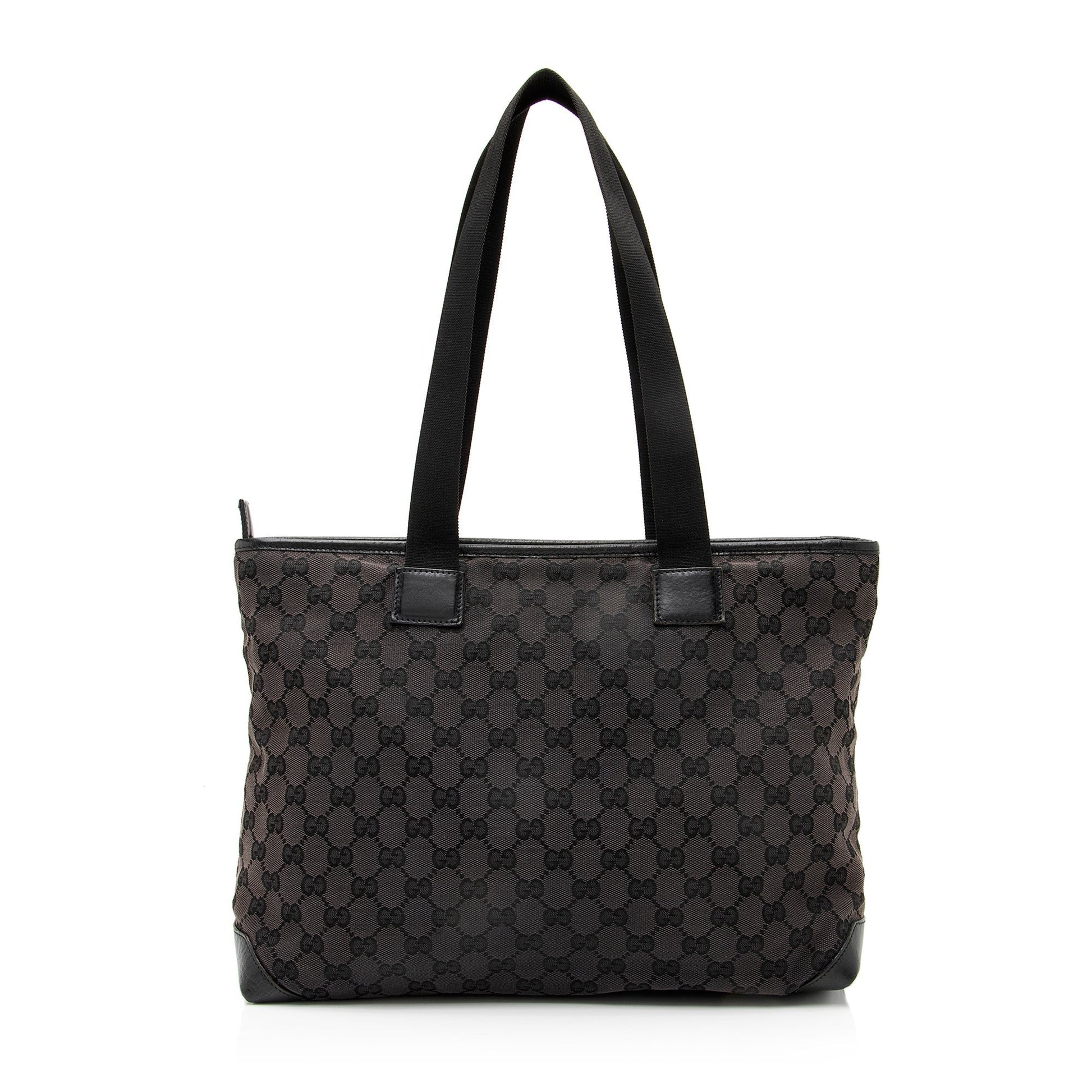 Gucci GG Front Pocket E W Leather Canvas Nylon Black Tote Bag