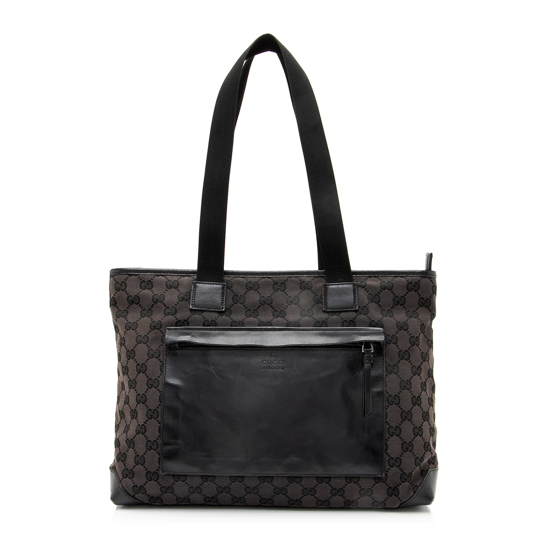 Gucci GG Front Pocket E W Leather Canvas Nylon Black Tote Bag