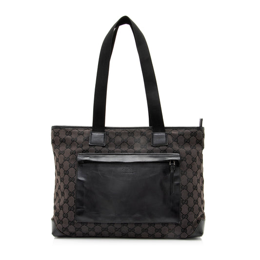 Gucci GG Front Pocket E W Leather Canvas Nylon Black Tote Bag