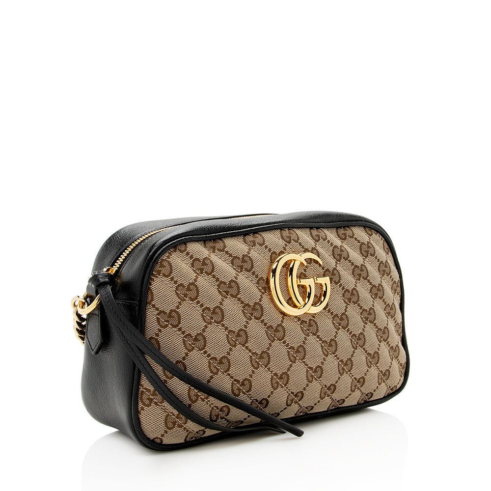 Gucci GG Marmont SHF Leather Canvas Black Beige Shoulder Bag