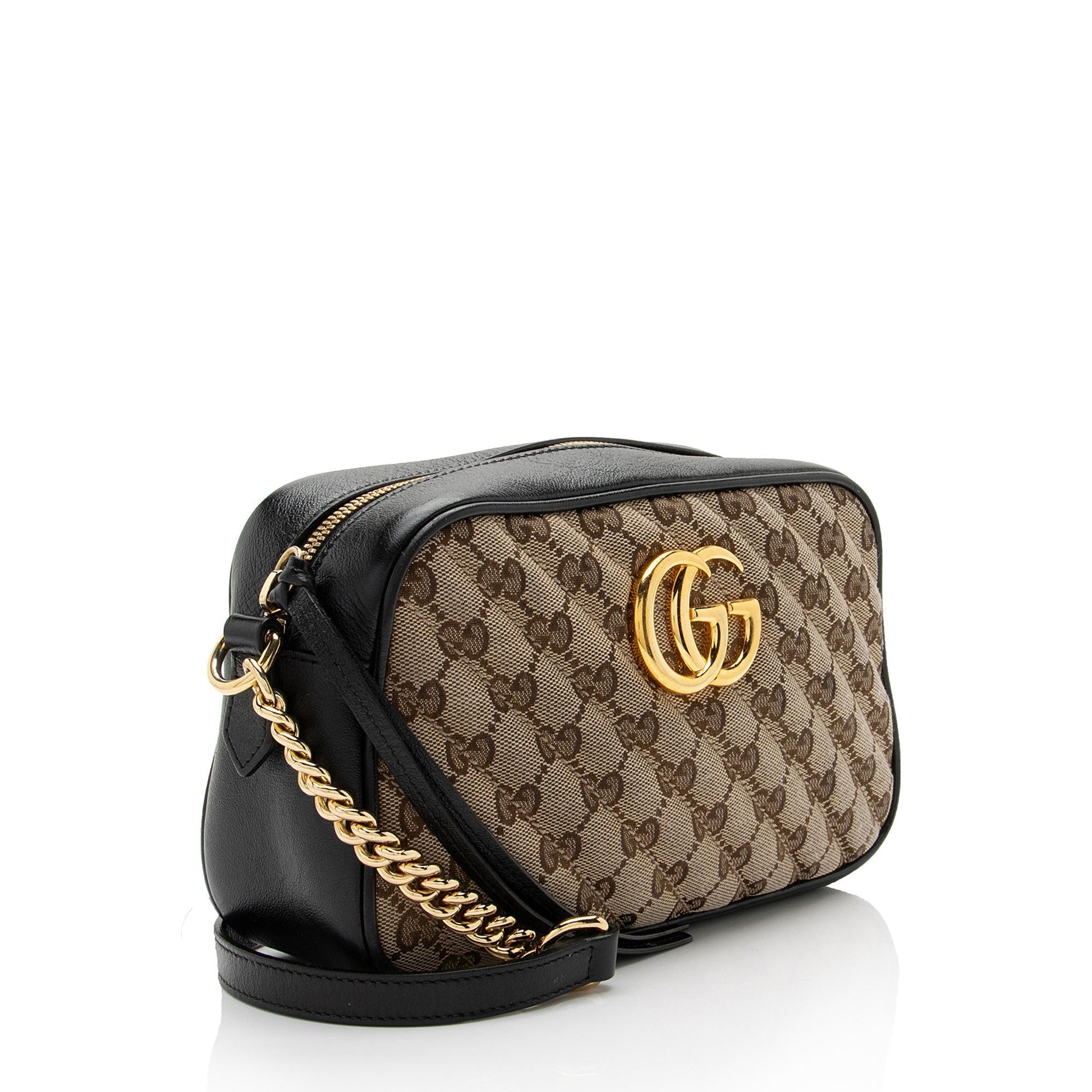 Gucci GG Marmont SHF-b59UzC Leather Canvas Black Beige Crossbody Bag