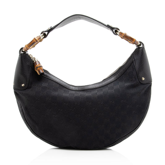 Gucci GG Bamboo Half Moon SHF Leather Canvas Black Medium Shoulder Bag