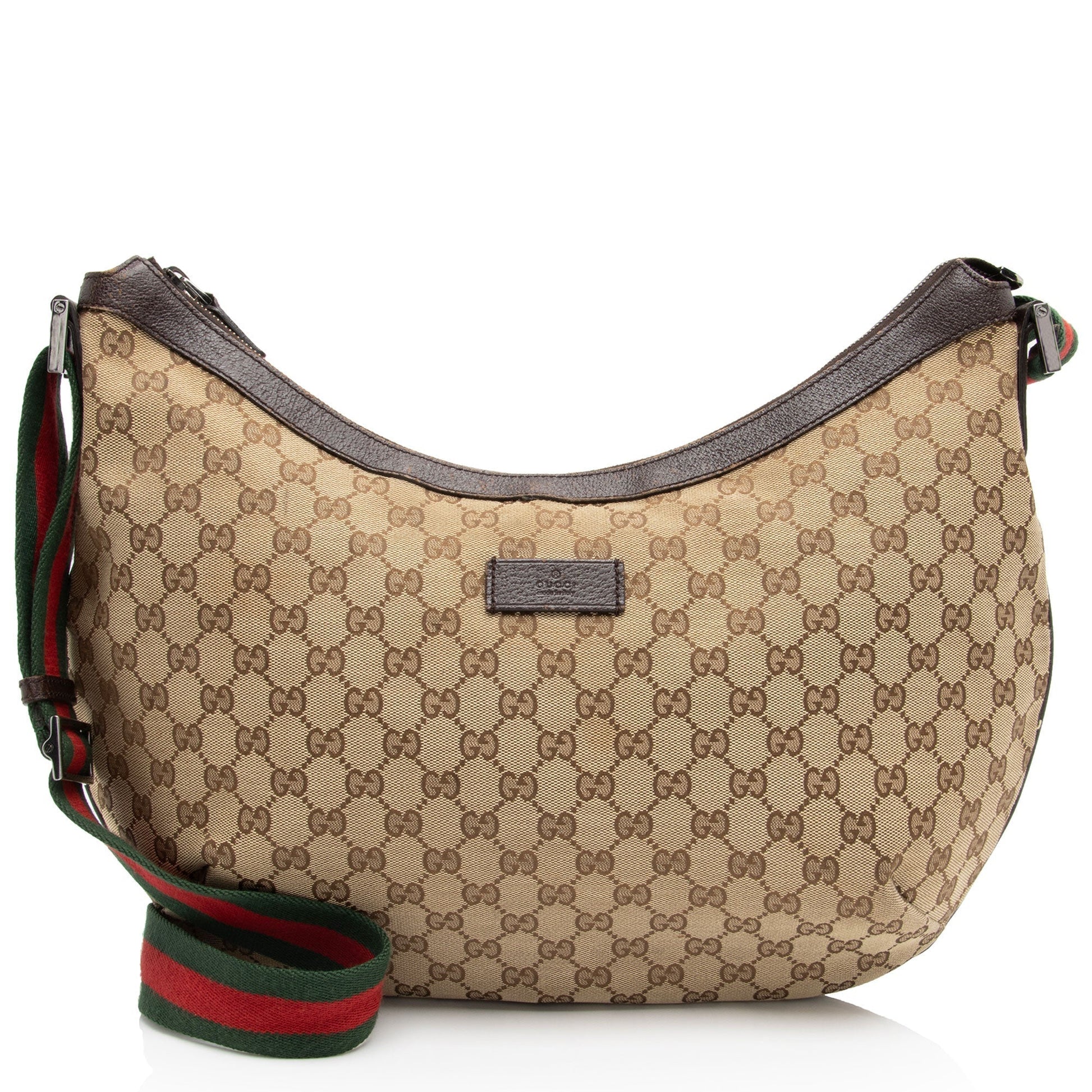 Gucci GG Half Moon Messenger SHF-JzXzNp Leather Canvas Nylon Brown Shoulder Bag