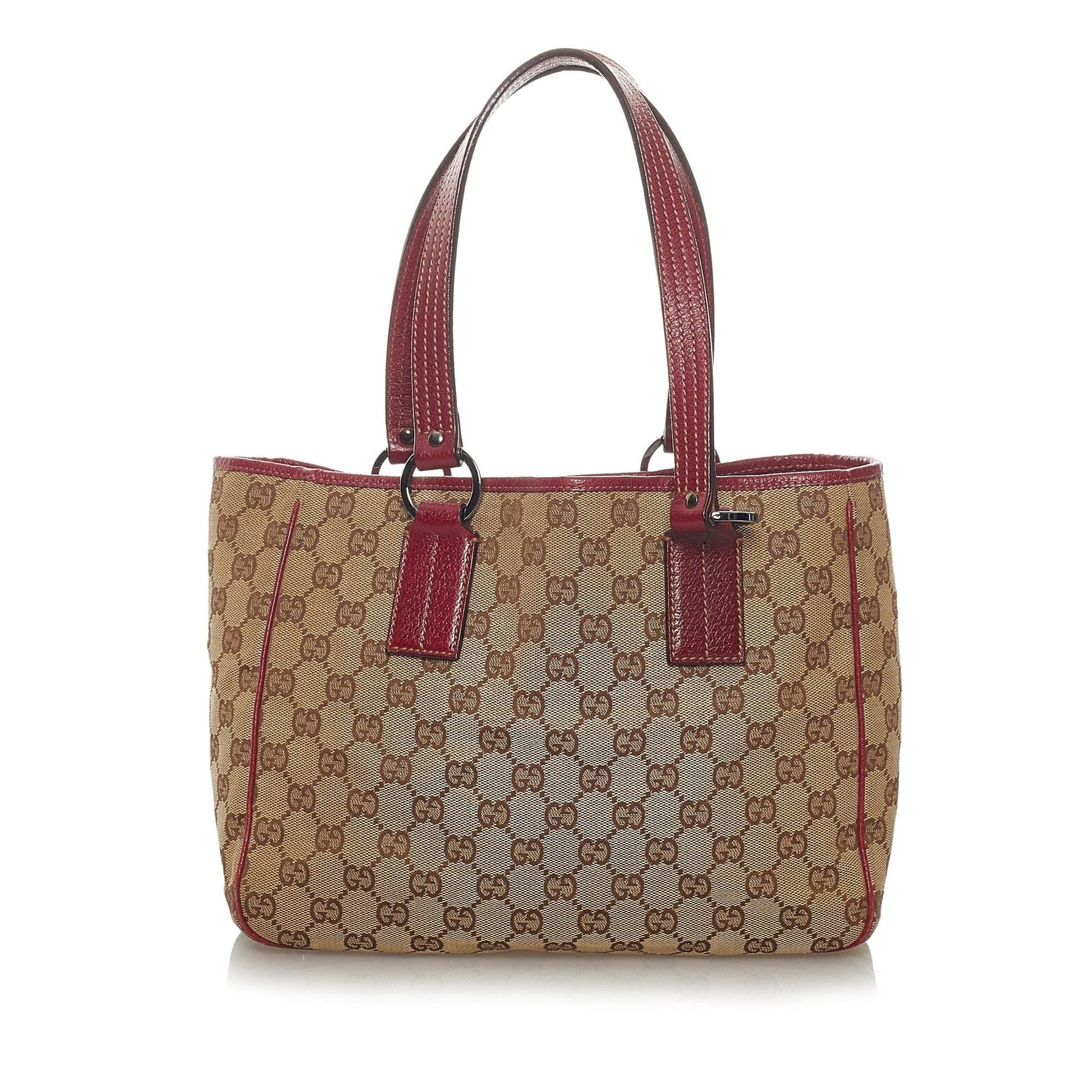 Gucci GG SHG Canvas Brown Red Satchel Bag Handbag Shg