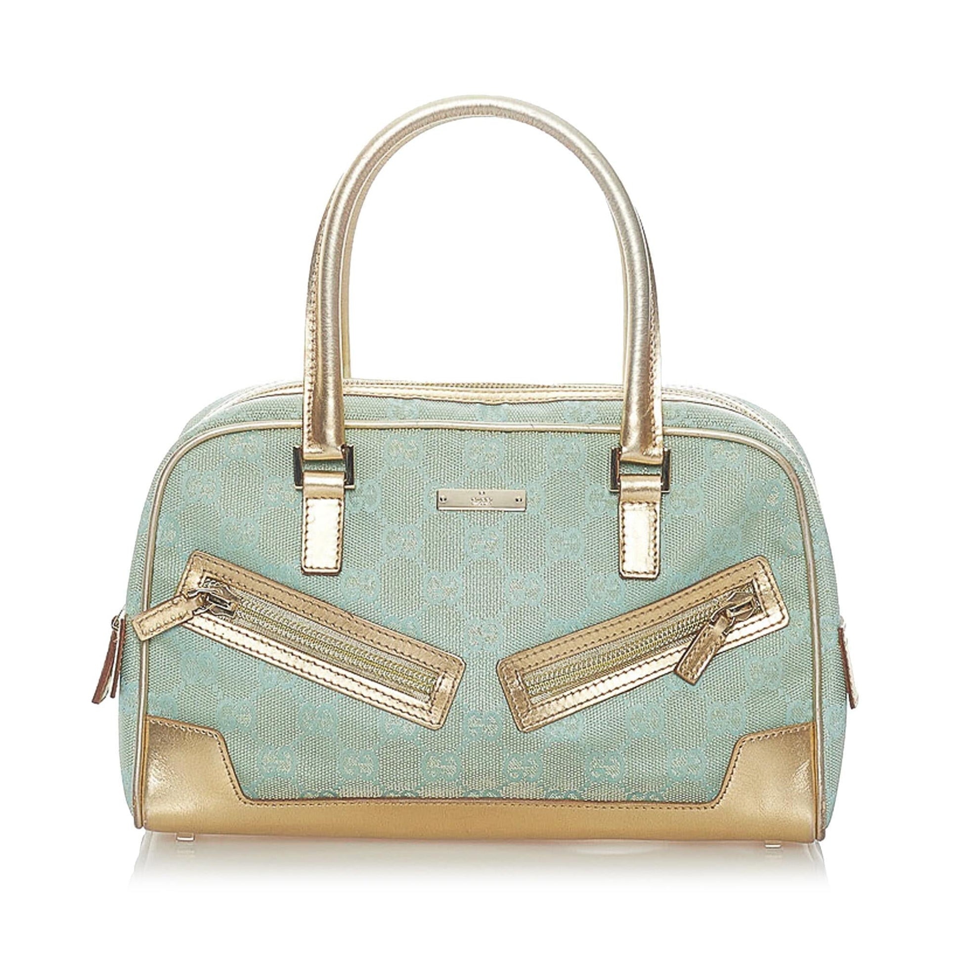 Gucci GG SHG Canvas Blue Gold Satchel Bag