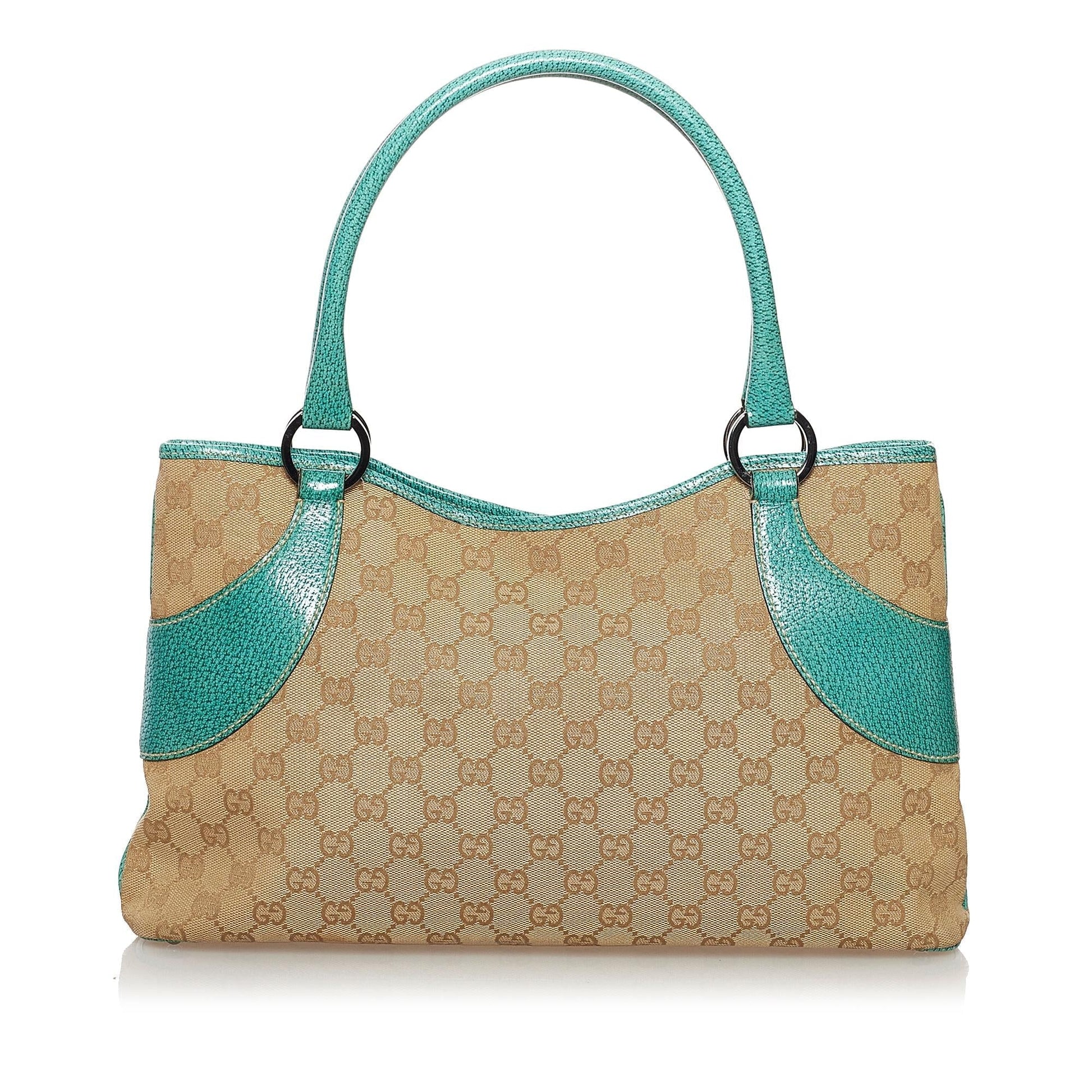 Gucci GG SHG Canvas Calf Brown Green Satchel Bag 3