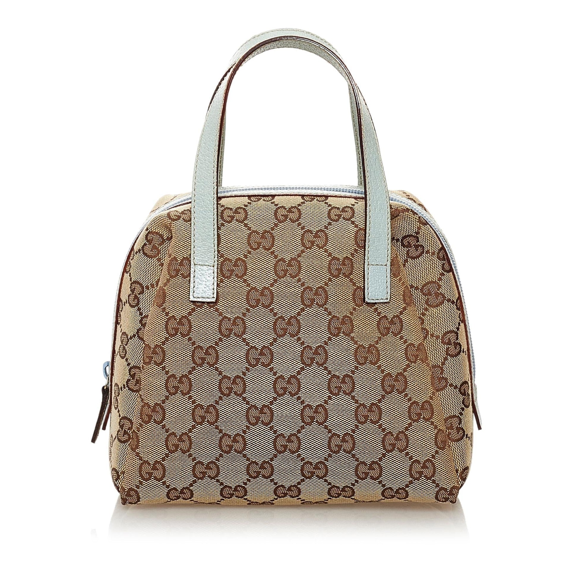 Gucci GG SHG Canvas Calf Brown Blue Satchel Bag