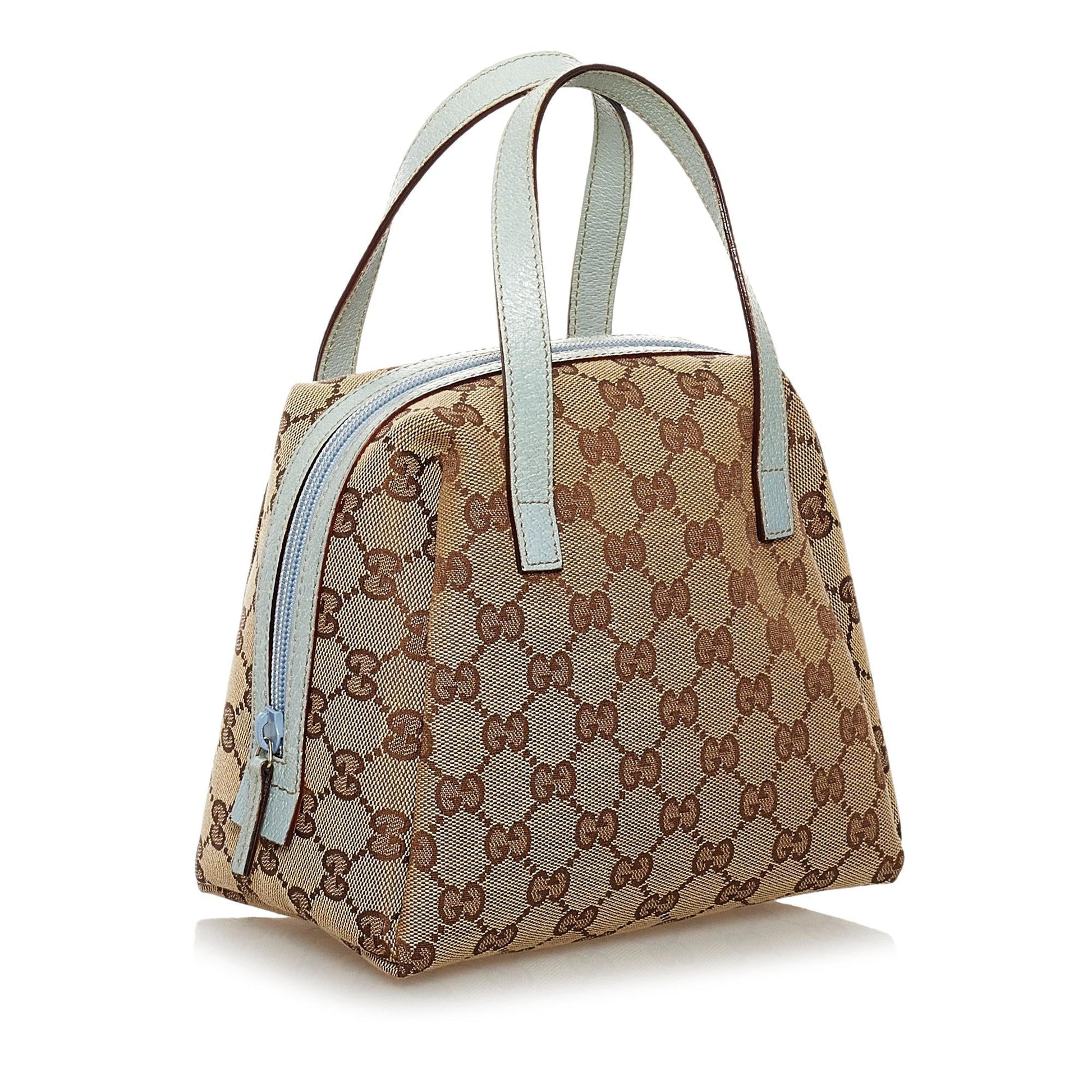 Gucci GG SHG Canvas Calf Brown Blue Satchel Bag