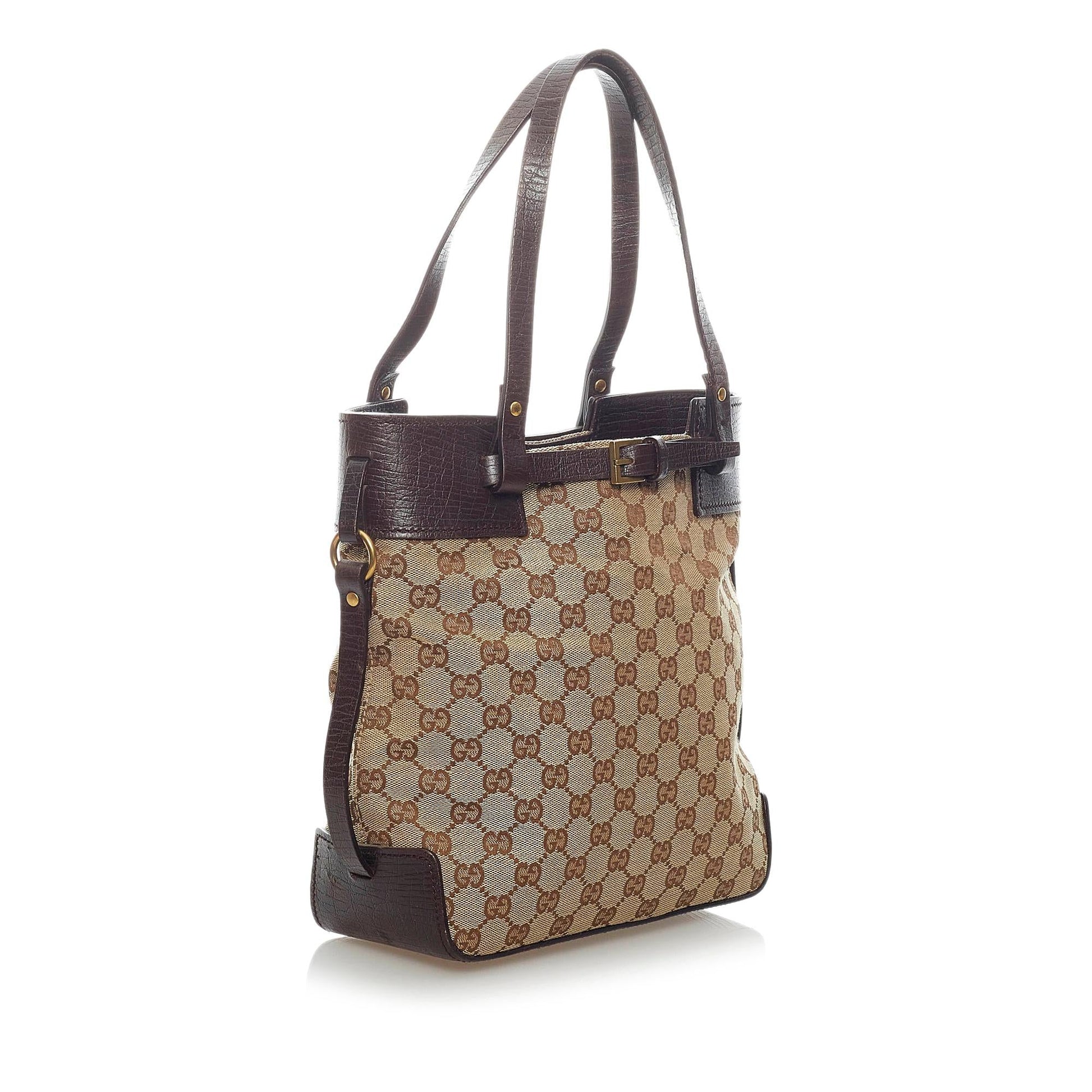 Gucci GG SHG Canvas Calf Brown Satchel Bag 3