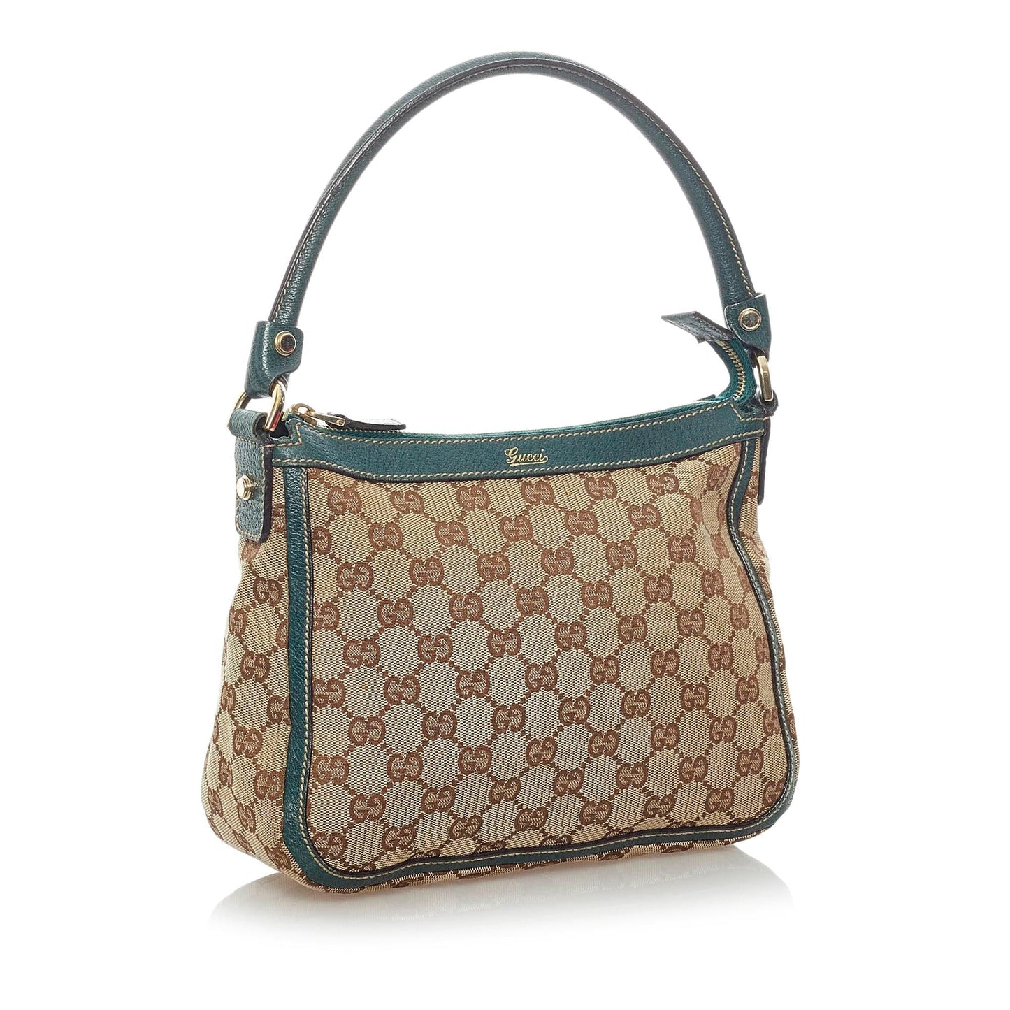 Gucci GG SHG Canvas Calf Brown Green Satchel Bag