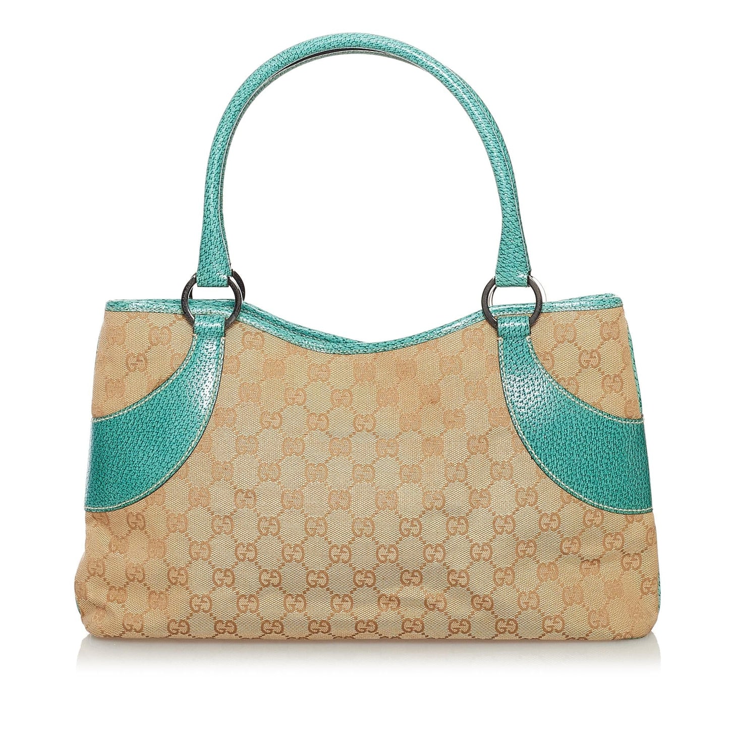 Gucci GG SHG Canvas Calf Brown Green Satchel Bag Handbag Shg