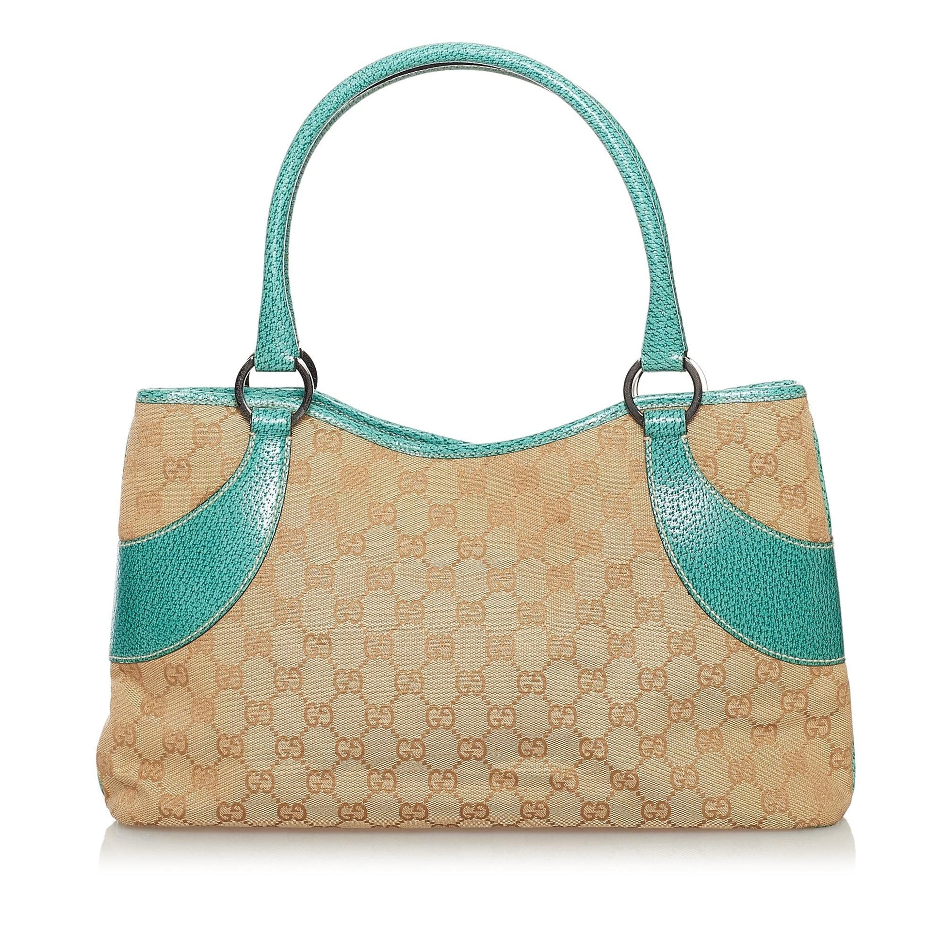 Gucci GG SHG Canvas Calf Brown Green Satchel Bag Handbag Shg