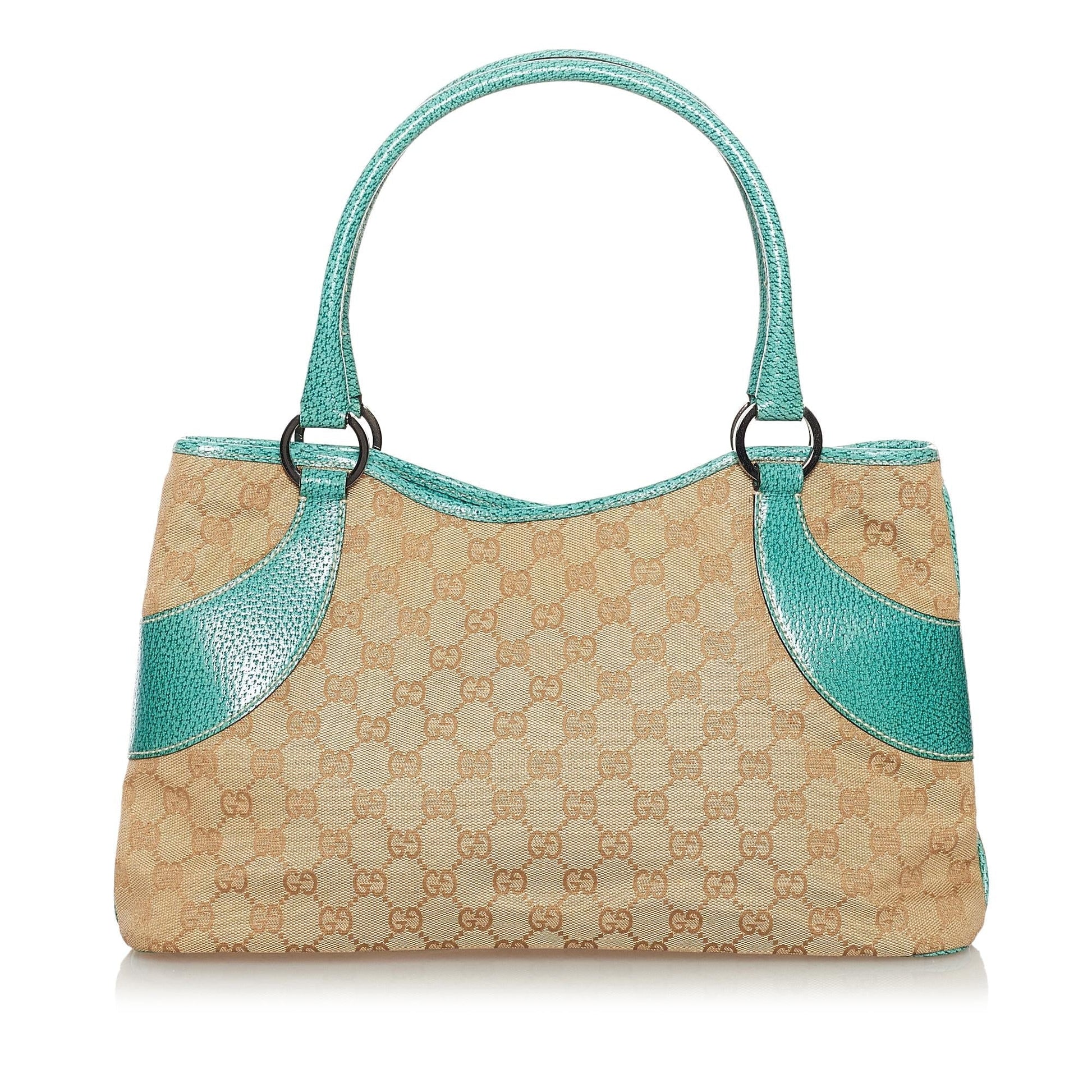 Gucci GG SHG Canvas Calf Brown Green Satchel Bag Handbag Shg