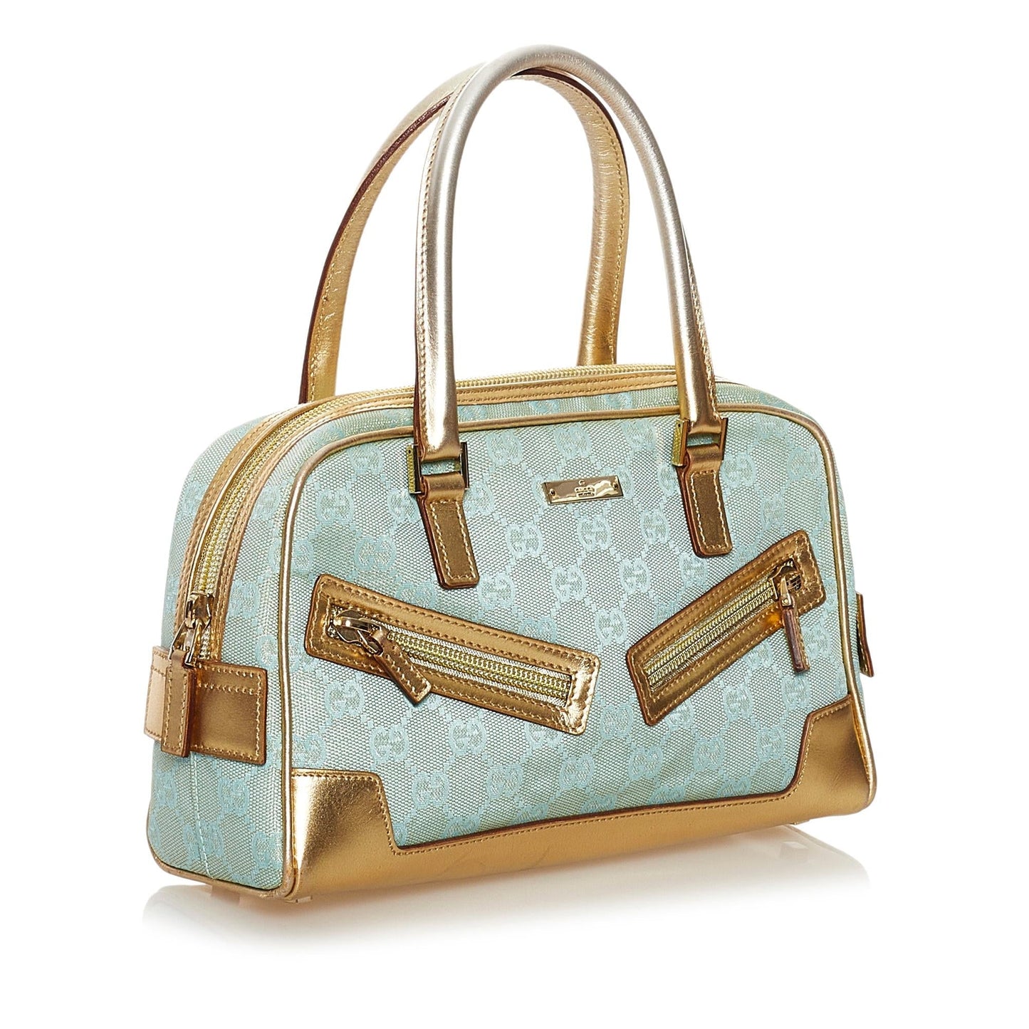Gucci GG SHG Canvas Calf Blue Gold Satchel Bag