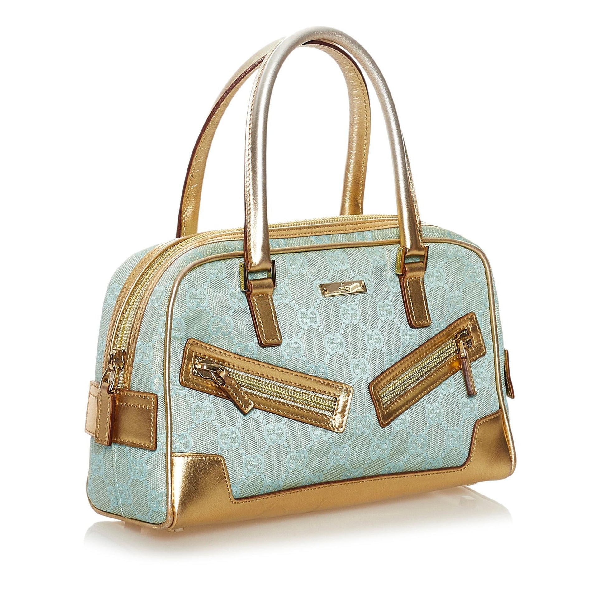 Gucci GG SHG Canvas Calf Blue Gold Satchel Bag