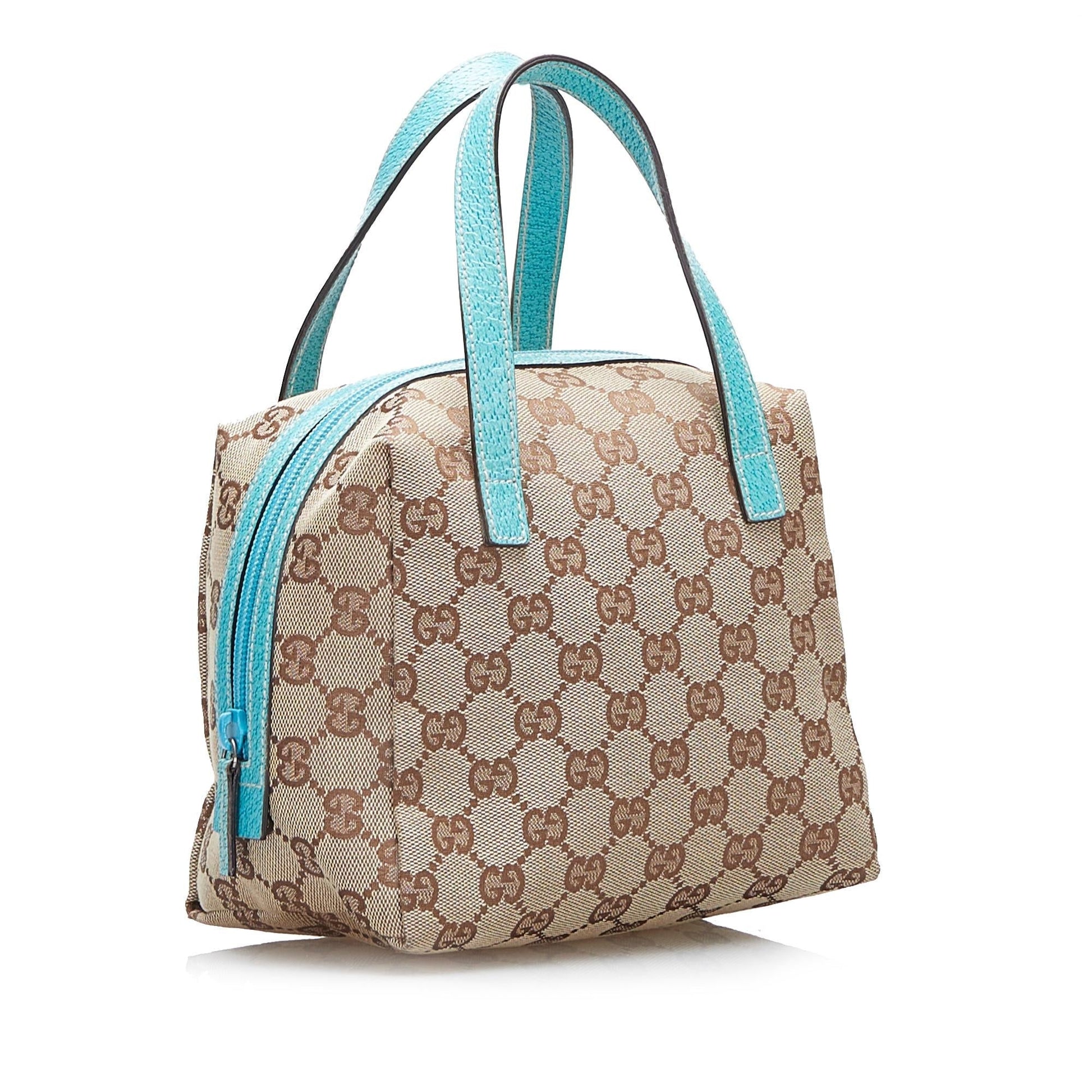 Gucci GG SHG-kxif11 Canvas Calf Brown Blue Satchel Bag