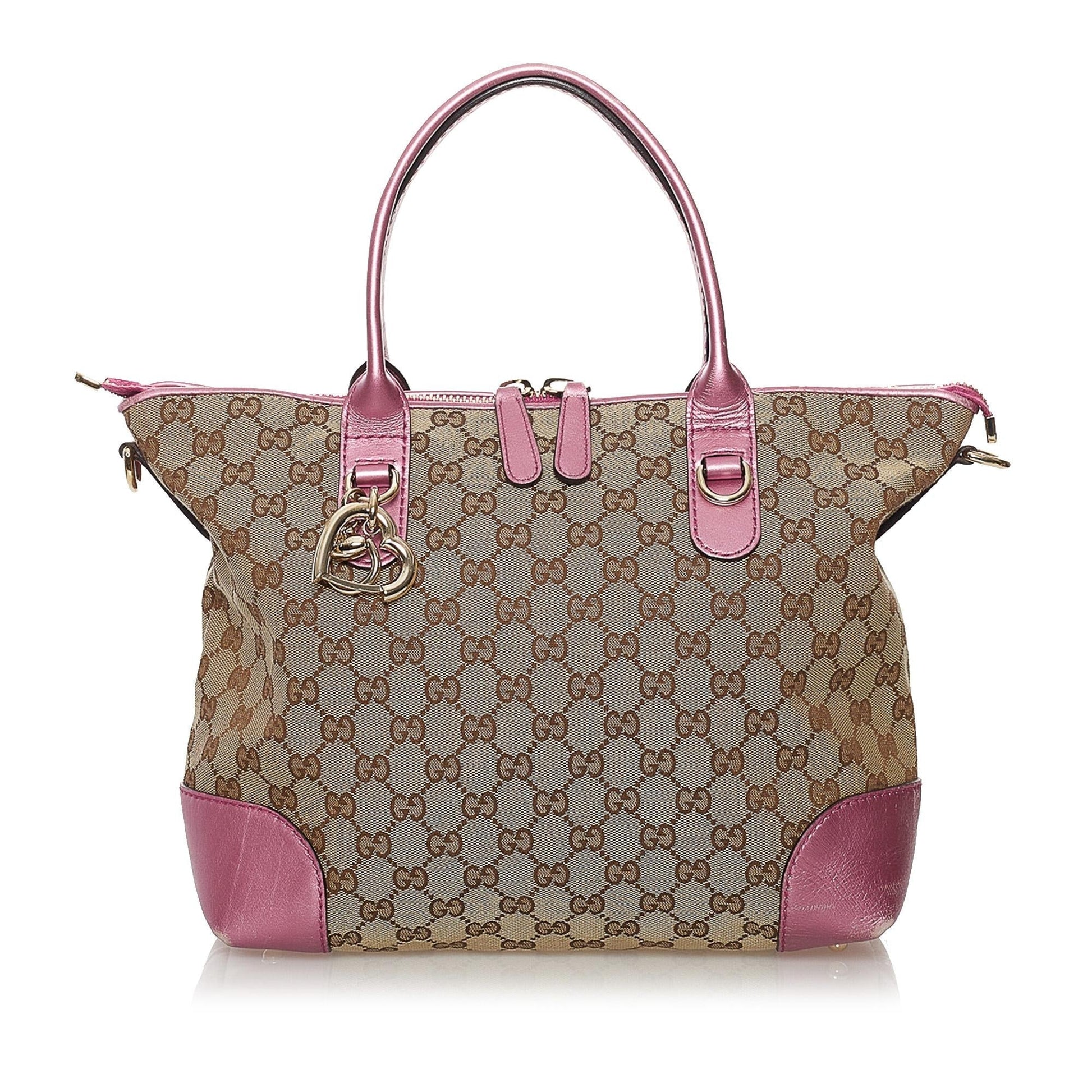 Gucci GG Heart Bit SHG Canvas Brown Pink Satchel Bag