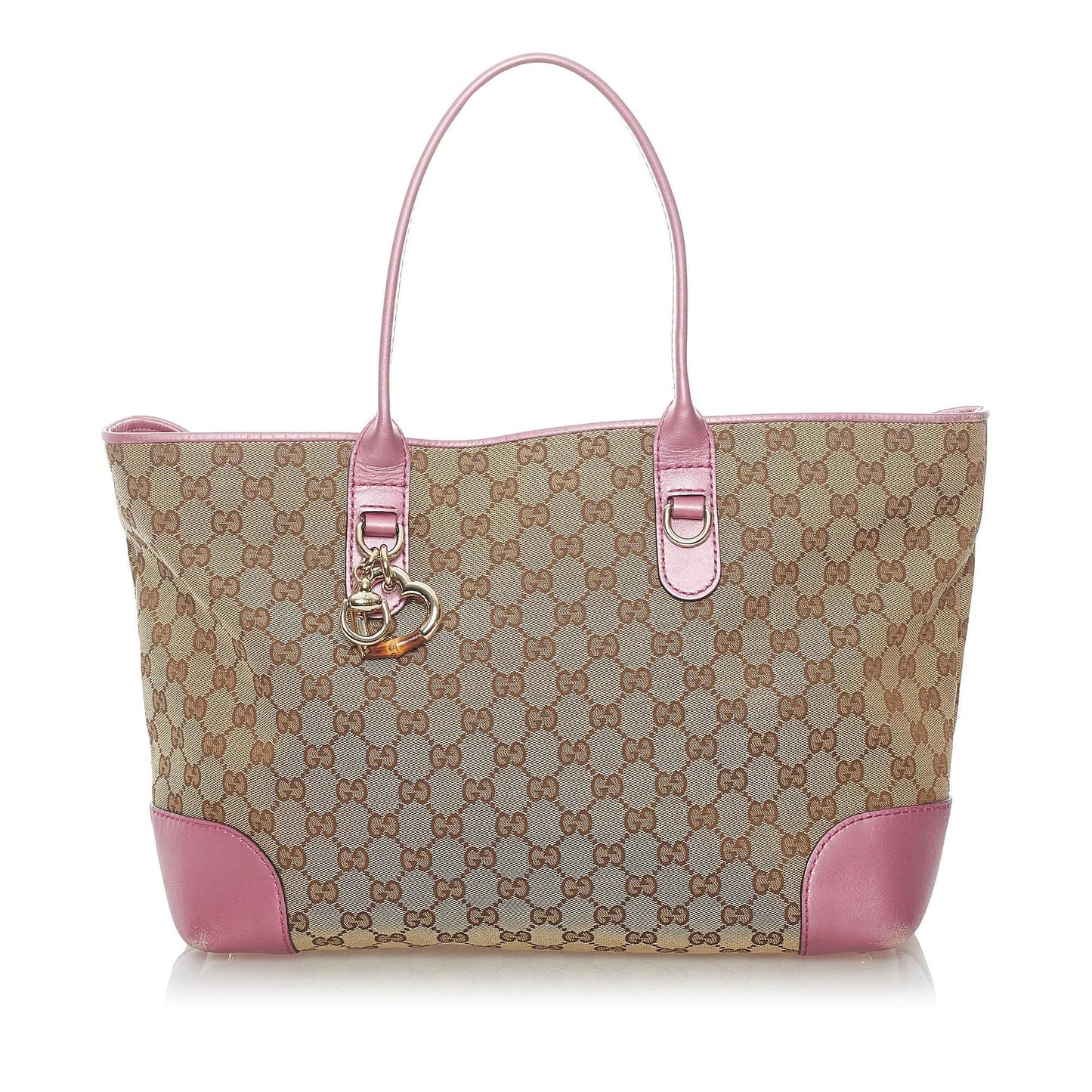 Gucci GG Heart Bit SHG Canvas Brown Pink Tote Bag