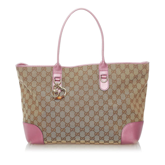 Gucci GG Heart Bit SHG Canvas Brown Pink Tote Bag