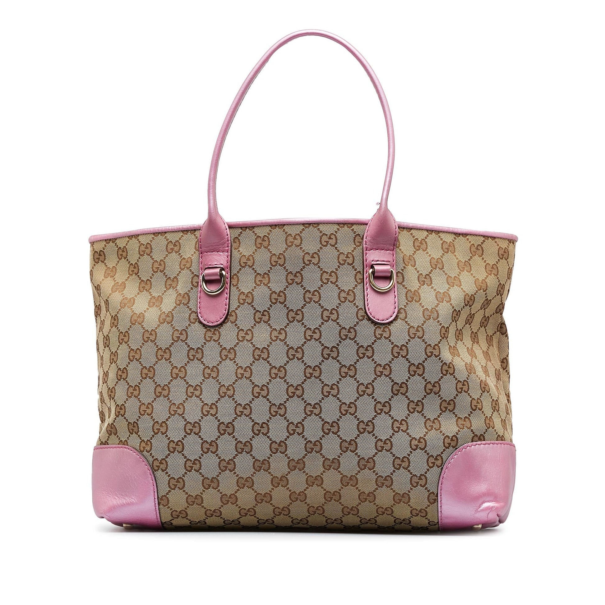 Gucci GG Heart Bit SHG-8tNWwL Canvas Calf Brown Pink Tote Bag