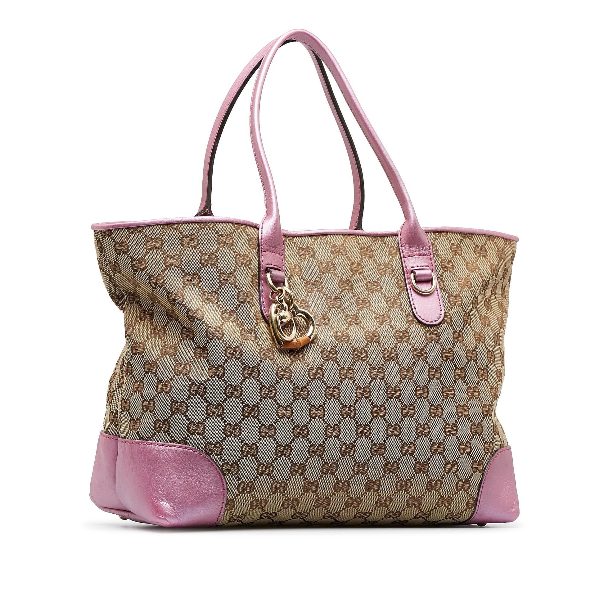 Gucci GG Heart Bit SHG-8tNWwL Canvas Calf Brown Pink Tote Bag