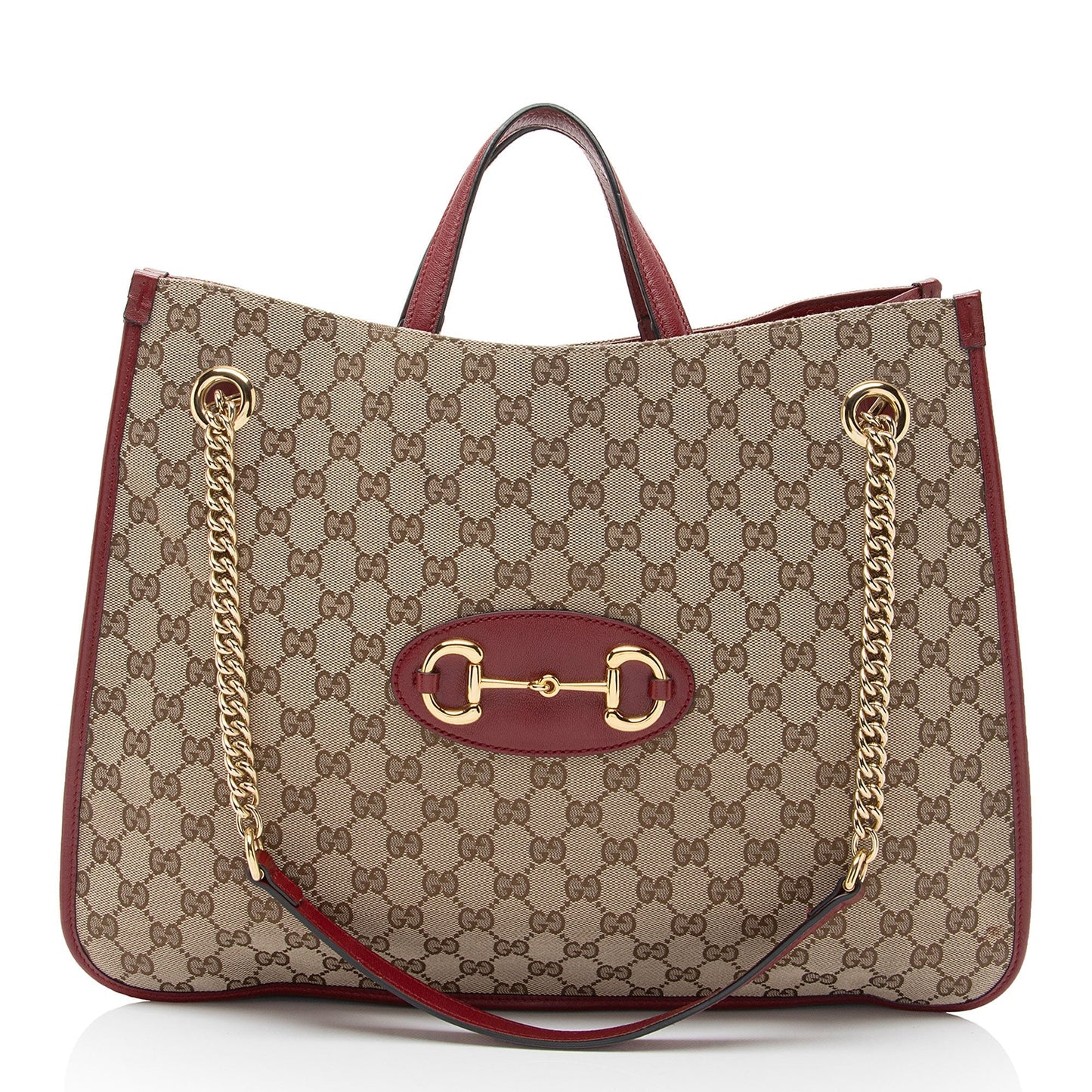 Gucci GG Horsebit Chain Leather Canvas Beige Red Tote Bag
