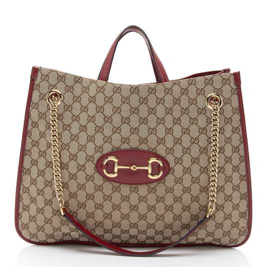 Gucci GG Horsebit Chain Leather Canvas Beige Red Tote Bag