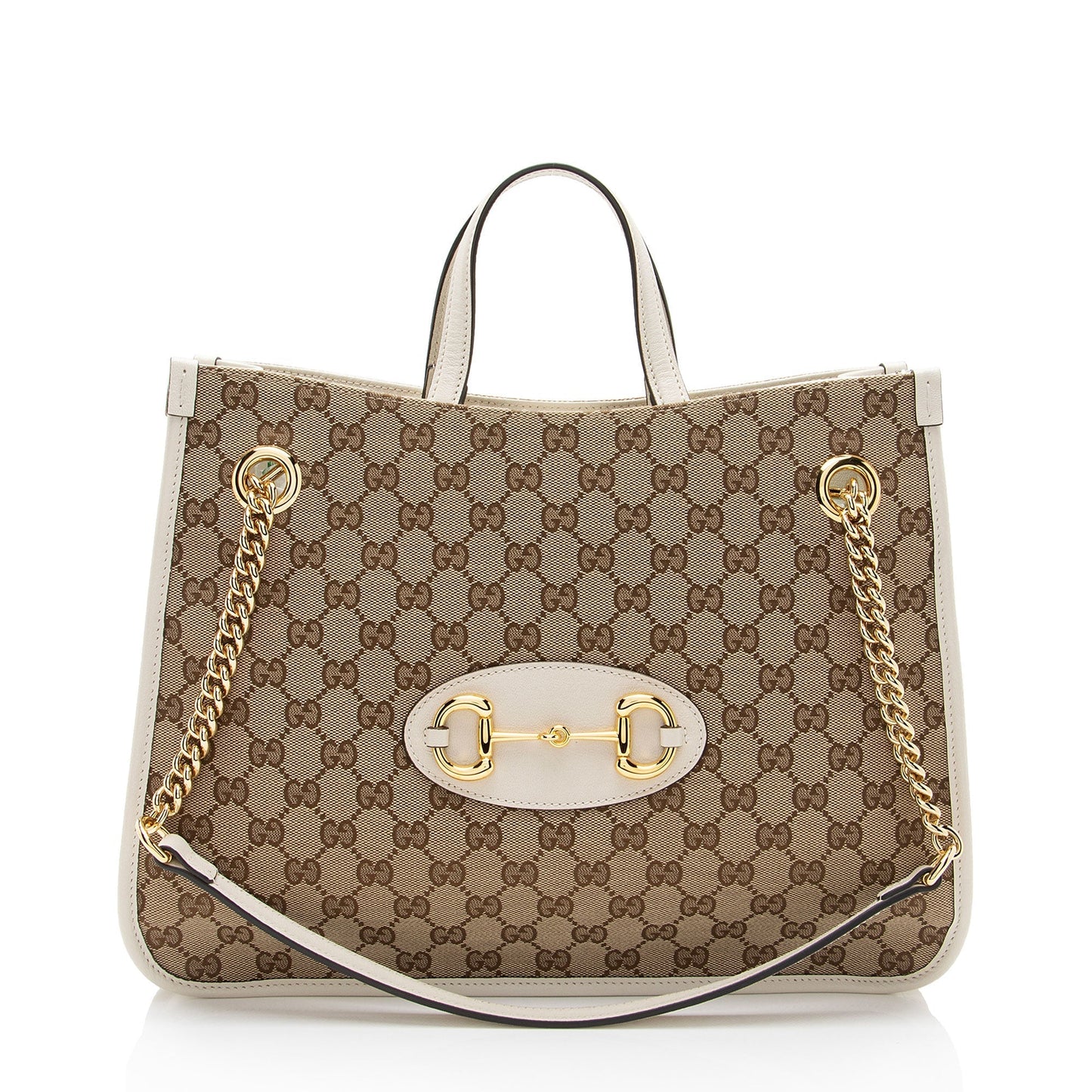 Gucci GG Horsebit Chain Leather Canvas White Beige Tote Bag