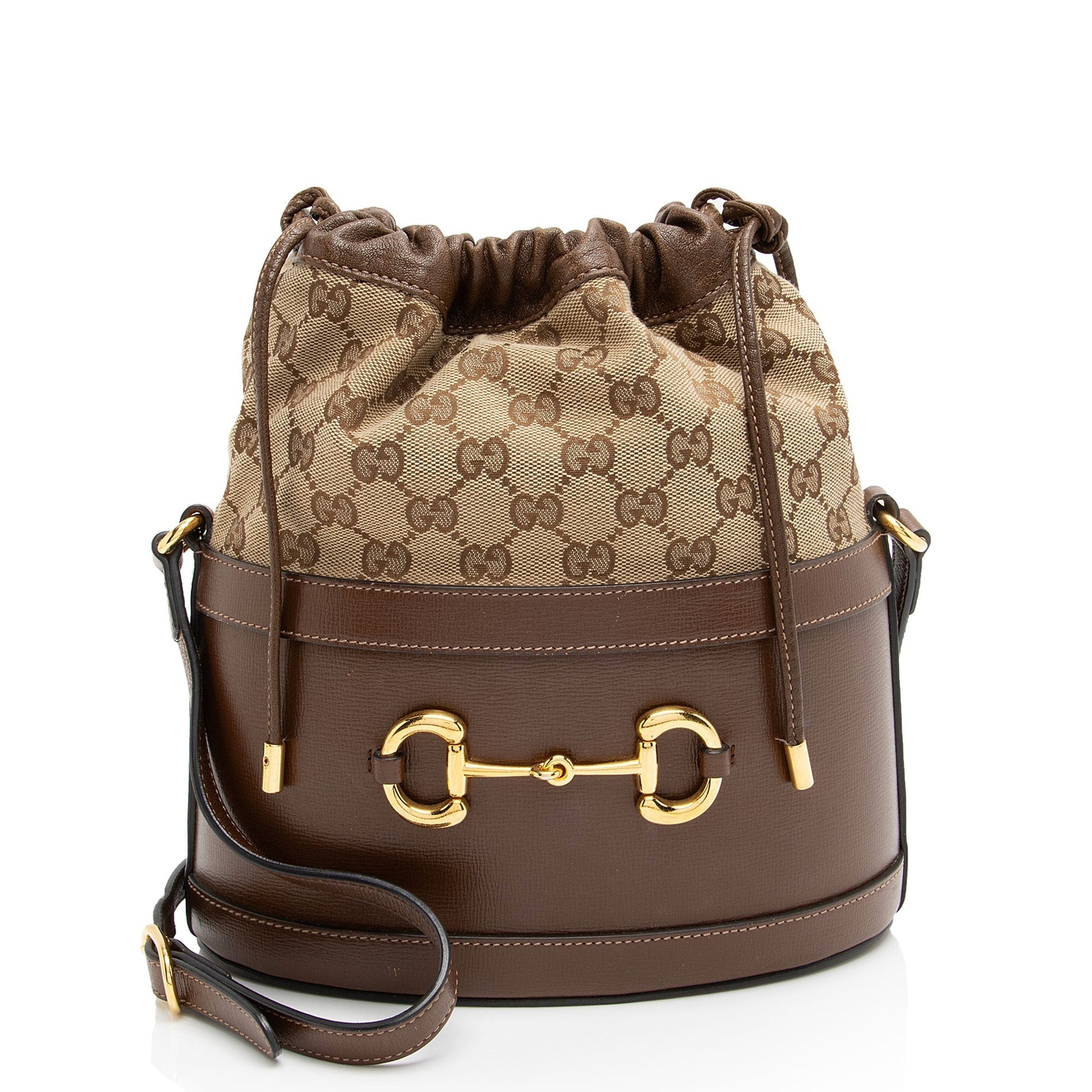 Gucci GG Horsebit Drawstring Bucket Leather Canvas Brown Beige Jewelry